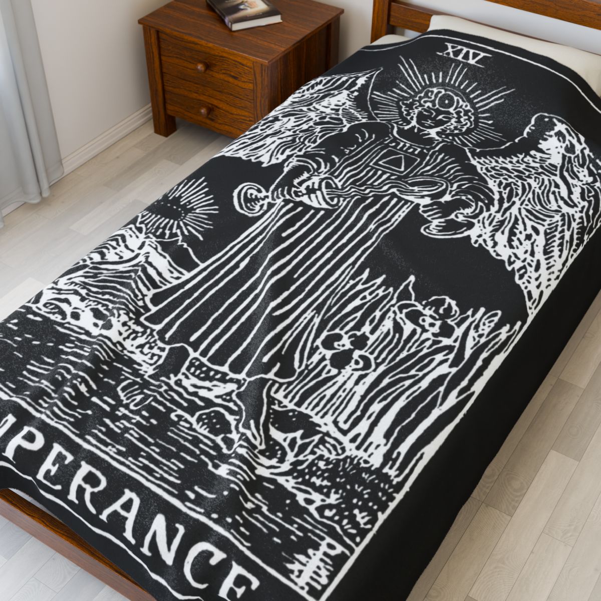 14 - Temperance White on Black Tarot Card Velveteen Plush Blanket 