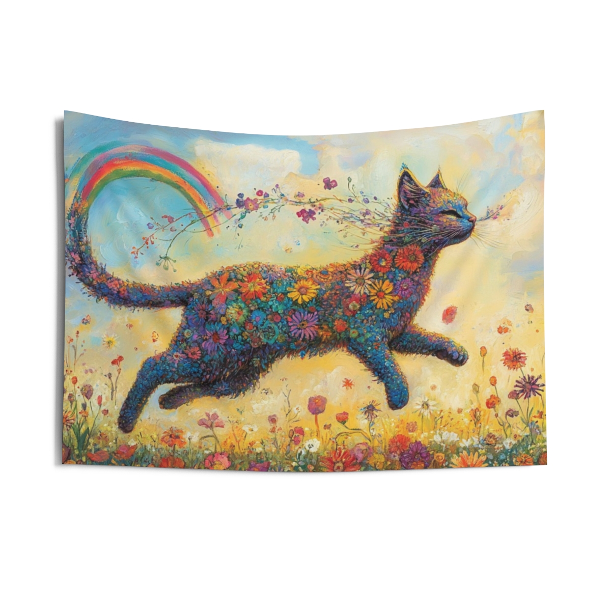 Beautiful Floral Leaping Cat Tapestry