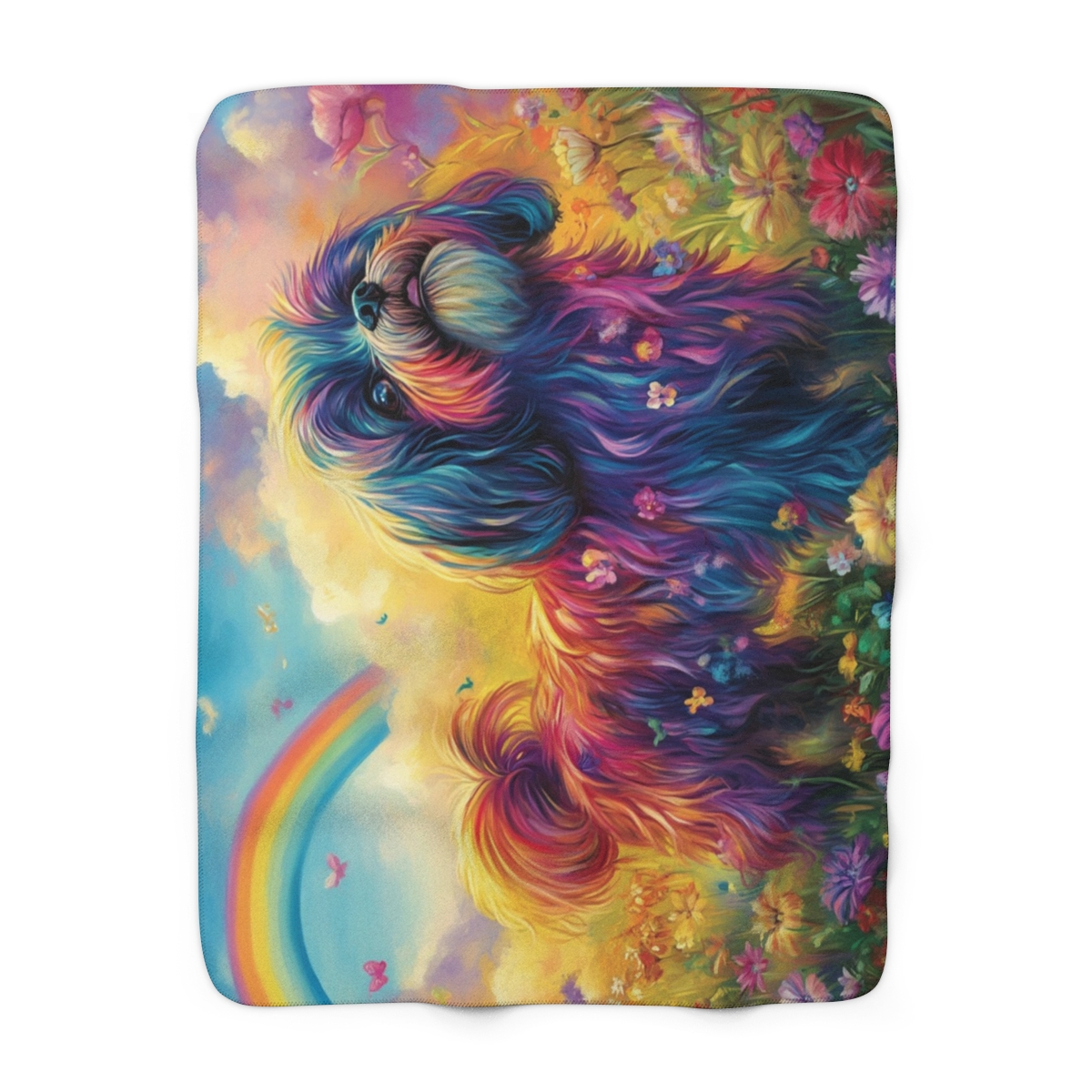 Luxury Colorful Dog Floral Art Sherpa Fleece Blanket