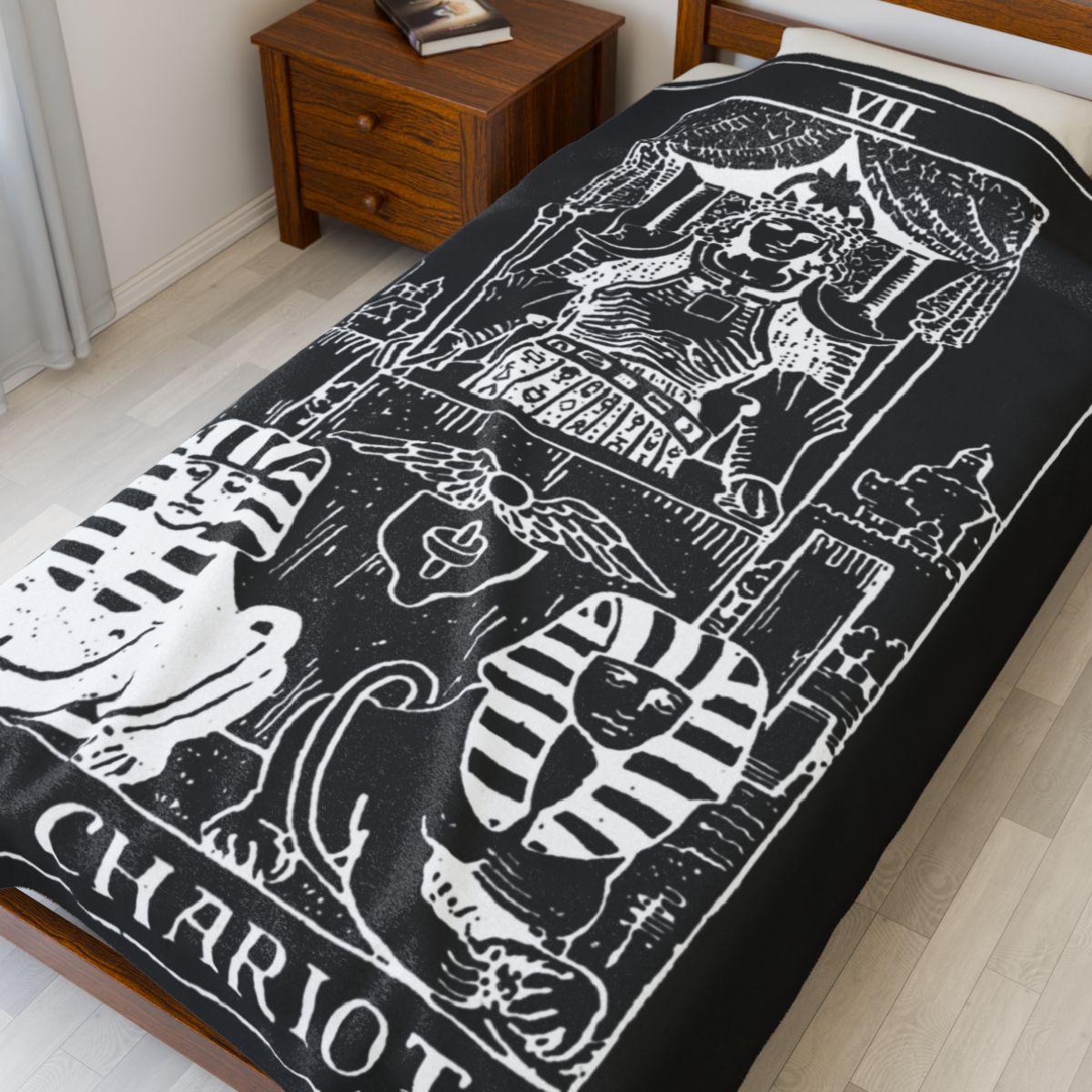7 - The Chariot White on Black Tarot Card Velveteen Plush Blanket 