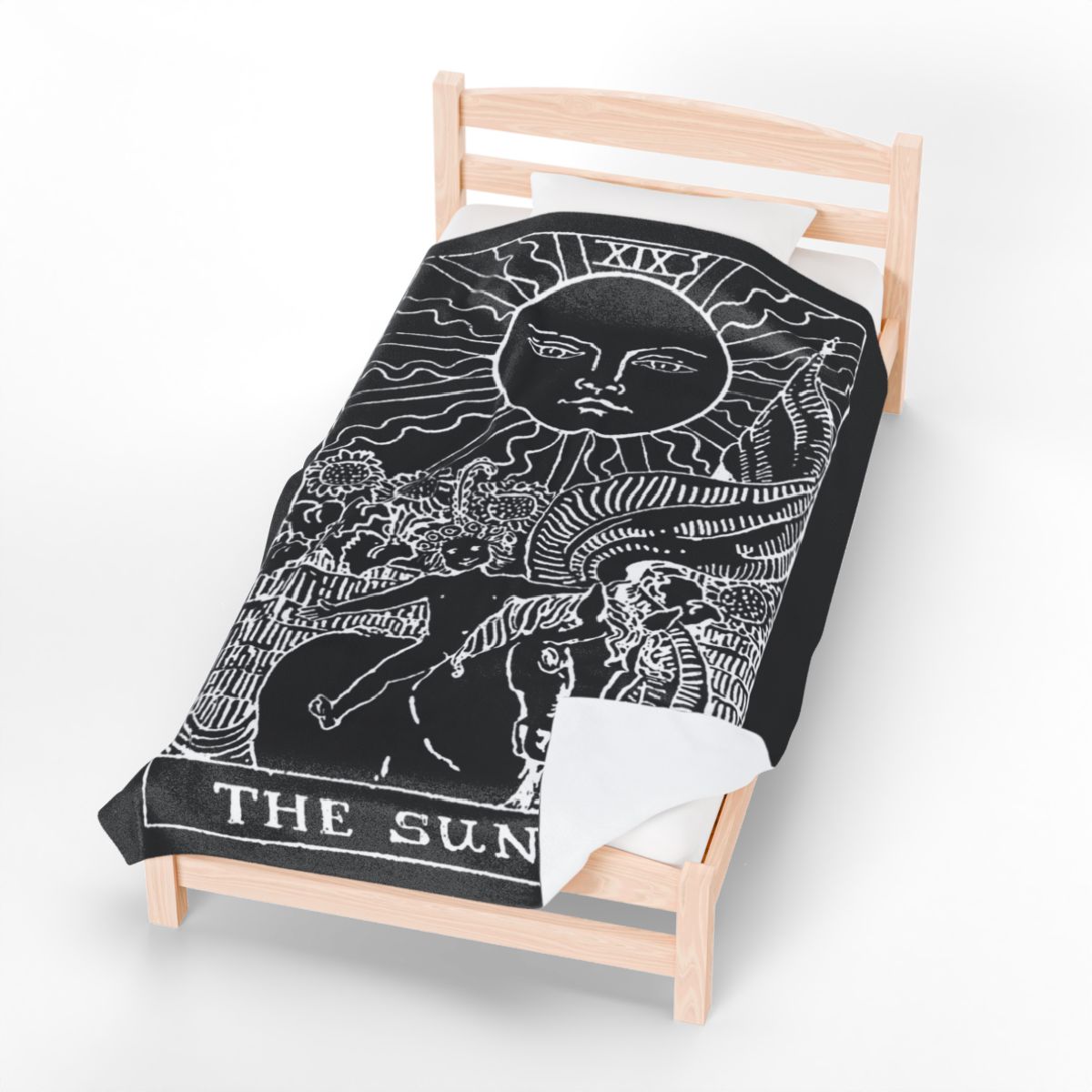 19 - The Sun White on Black Tarot Card Velveteen Plush Blanket 