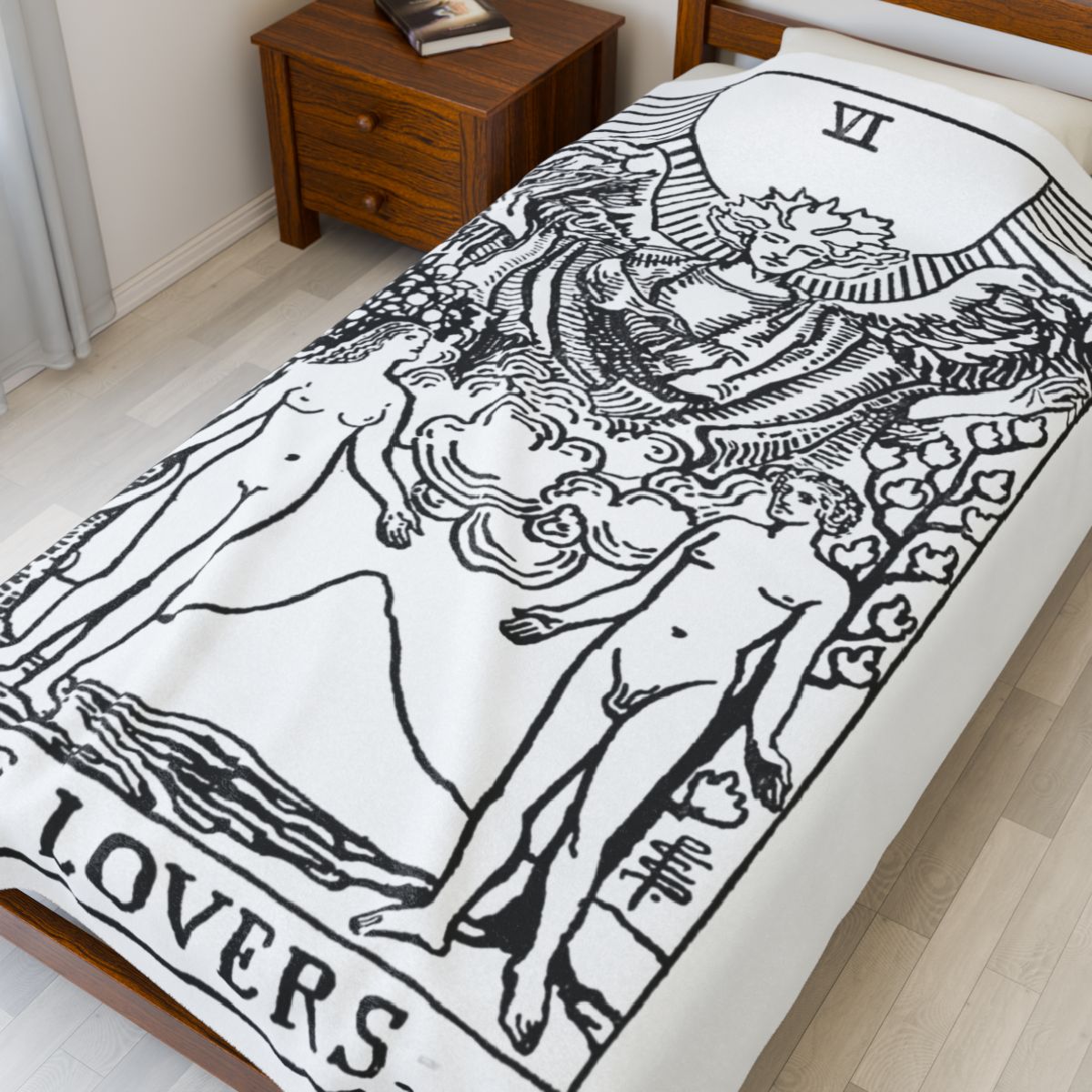 6 - The Lovers Black on White Tarot Card Velveteen Plush Blanket 