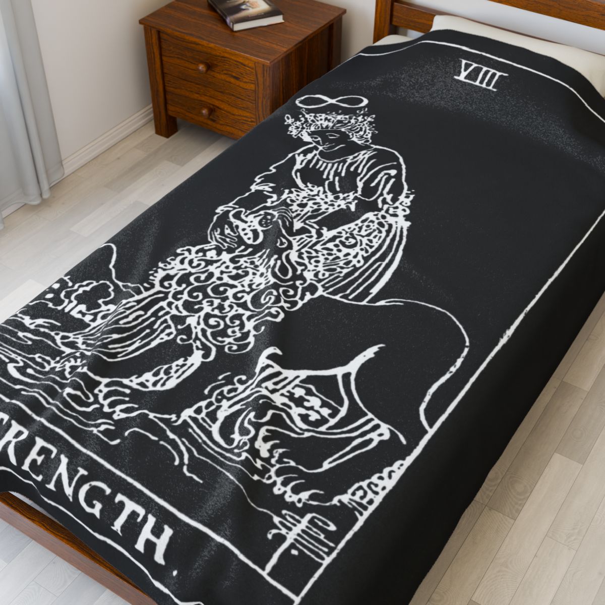 8 - Strength White on Black Tarot Card Velveteen Plush Blanket 