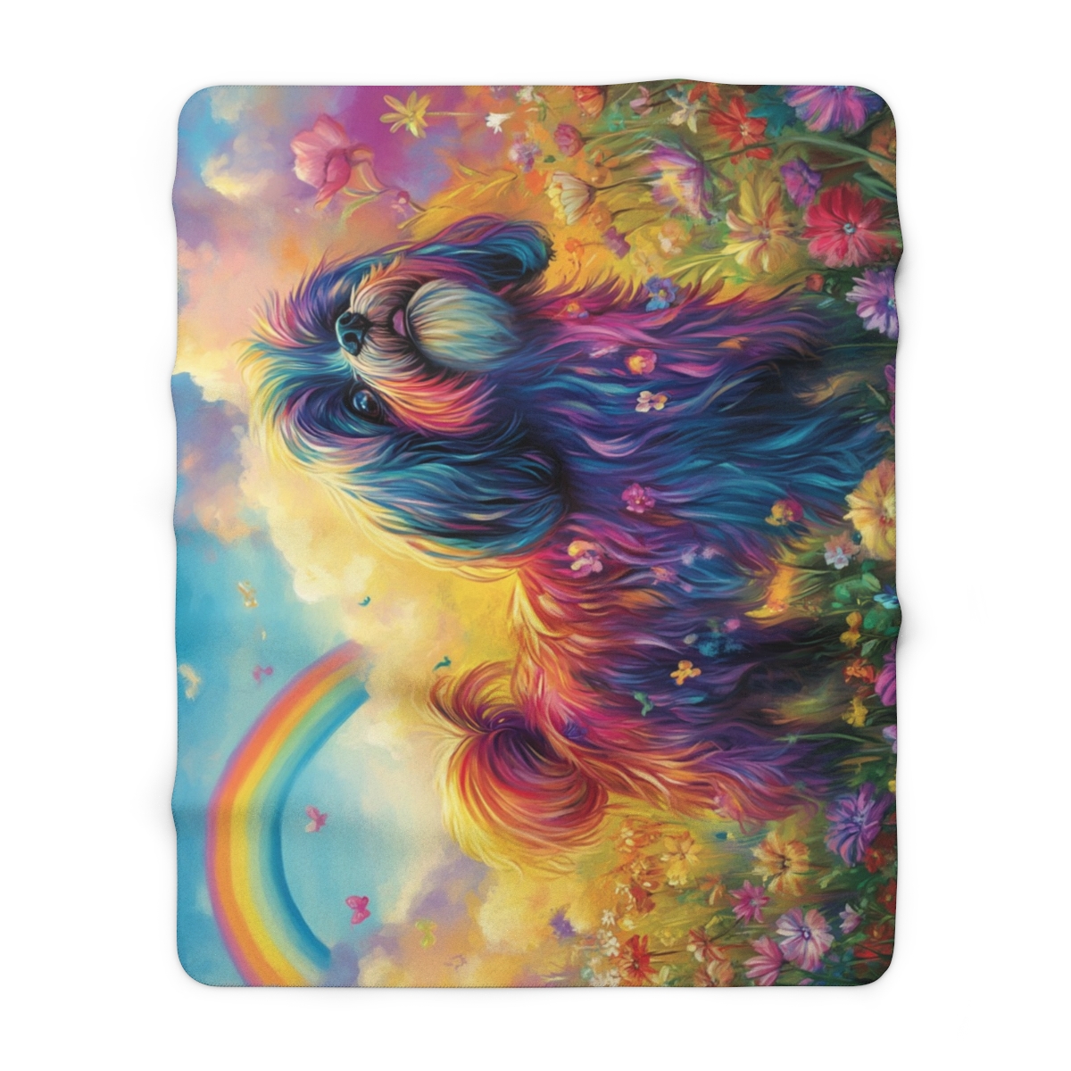 Luxury Colorful Dog Floral Art Sherpa Fleece Blanket