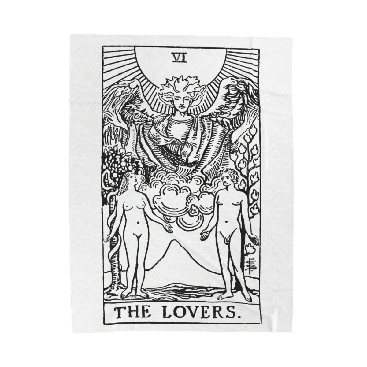 6 - The Lovers Black on White Tarot Card Velveteen Plush Blanket 