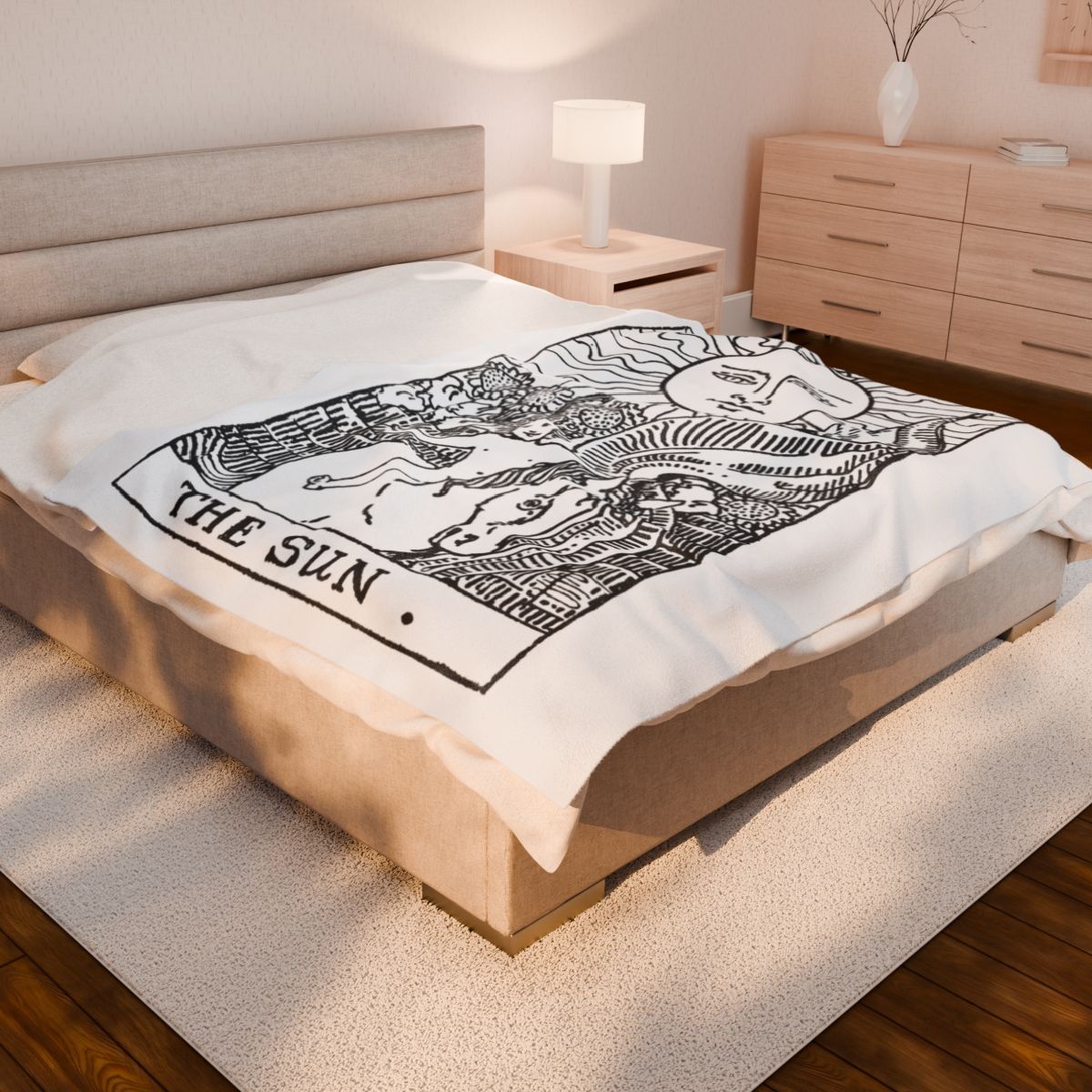 19 - The Sun Black on White Tarot Card Velveteen Plush Blanket 