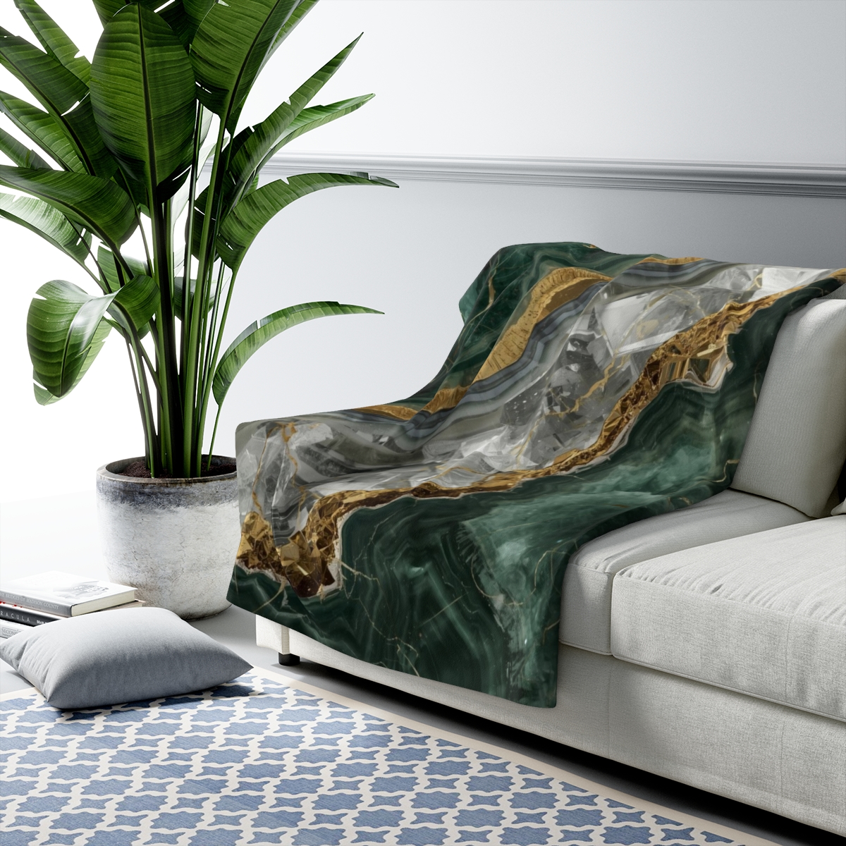 Luxury Green Gold Marble Crystal Sherpa Fleece Blanket