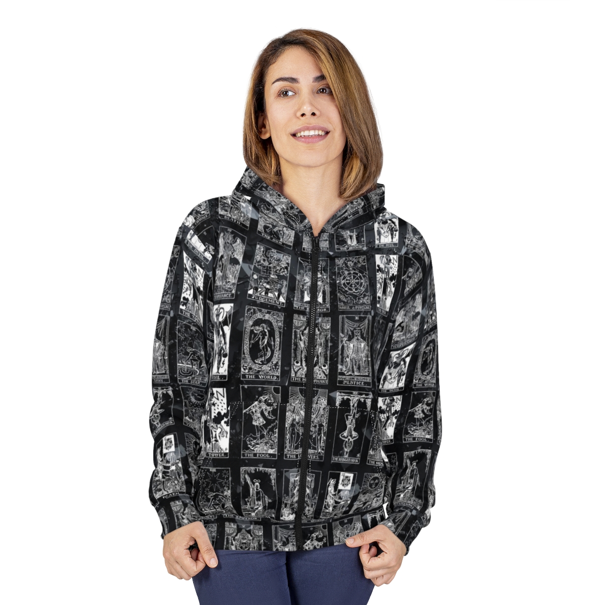 Unique Vintage White Tarot Card Black Crystal Zip Hoodie