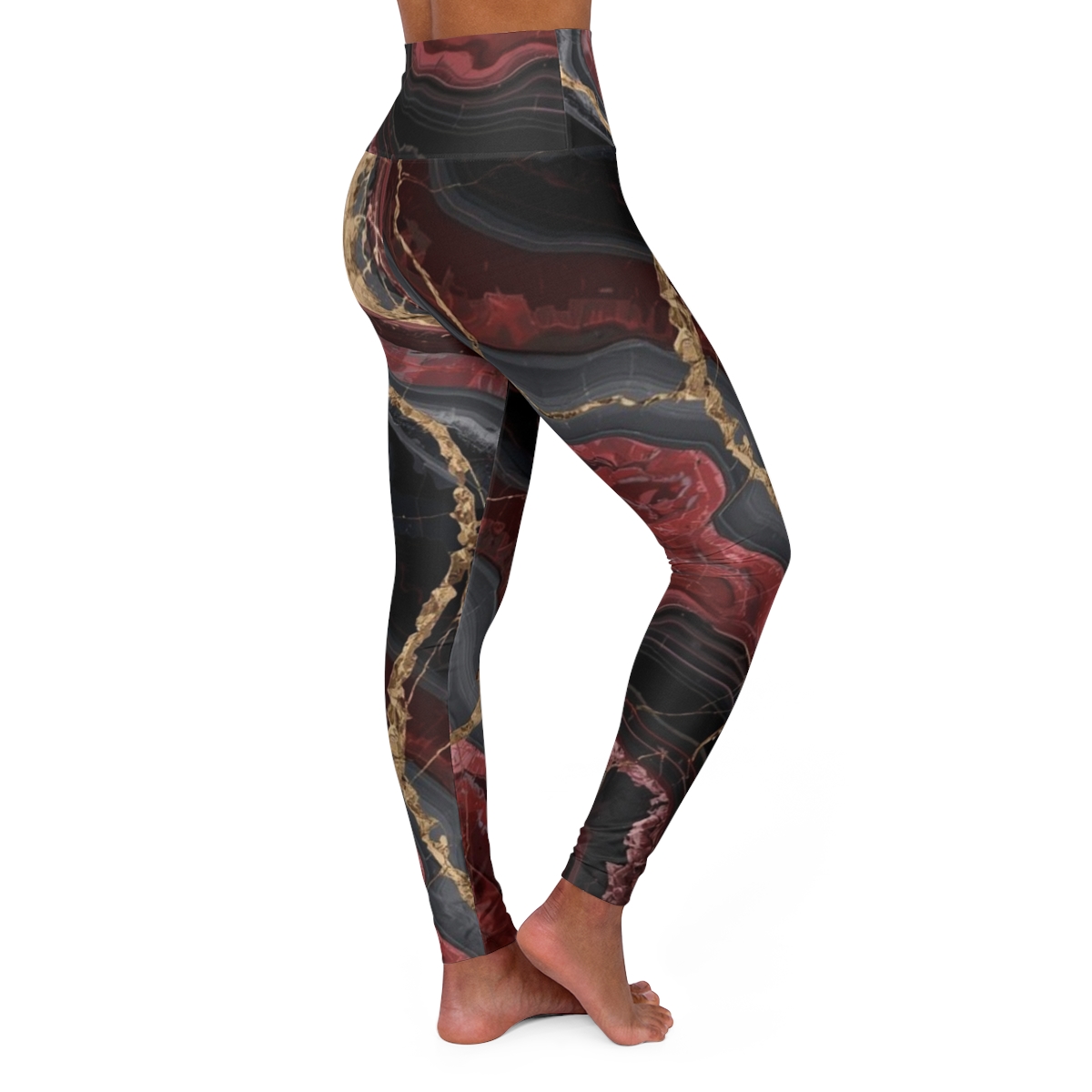 Stunning Black Red Gold Marble High Waisted Leggings