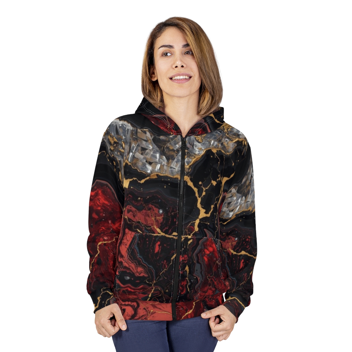 Stunning Red Gold Crystal Marble Zip Hoodie