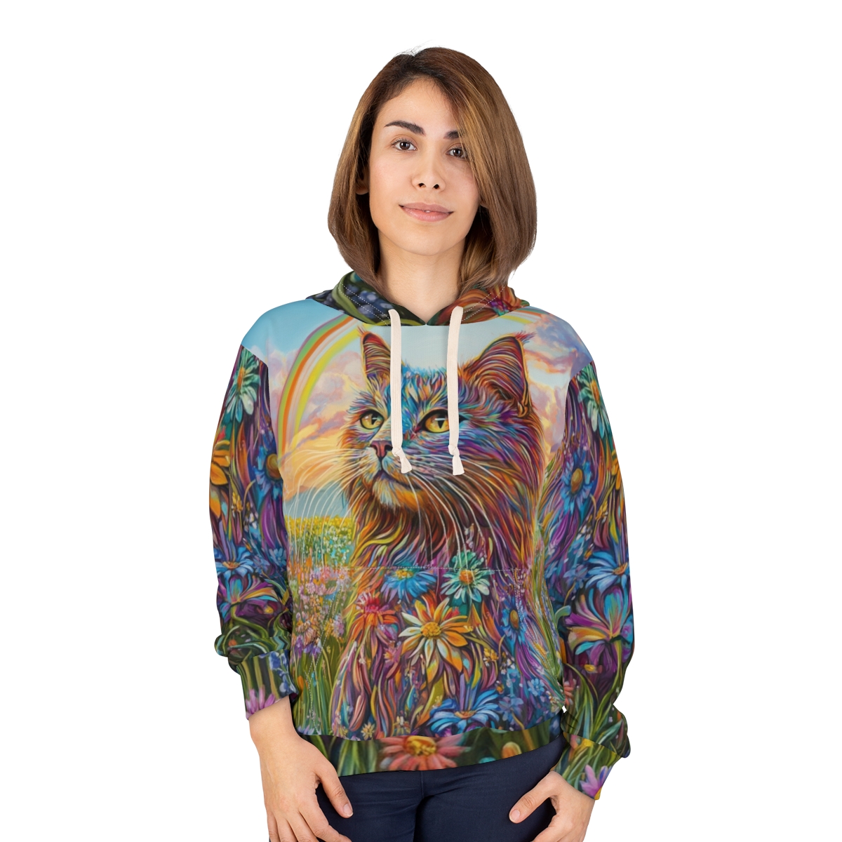 Beautiful Floral Cat Art Pullover Hoodie