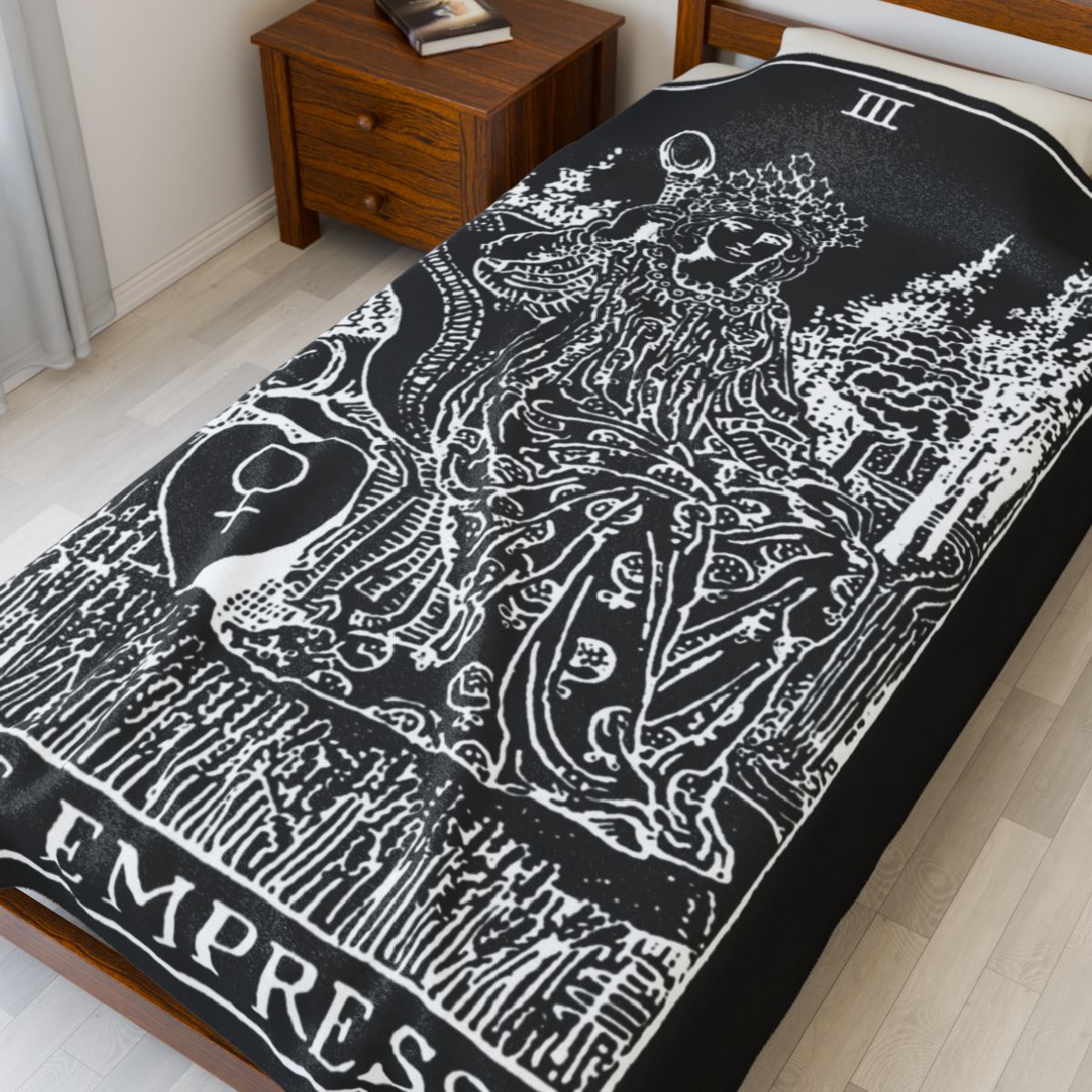 3 - The Empress White on Black Tarot Card Velveteen Plush Blanket 