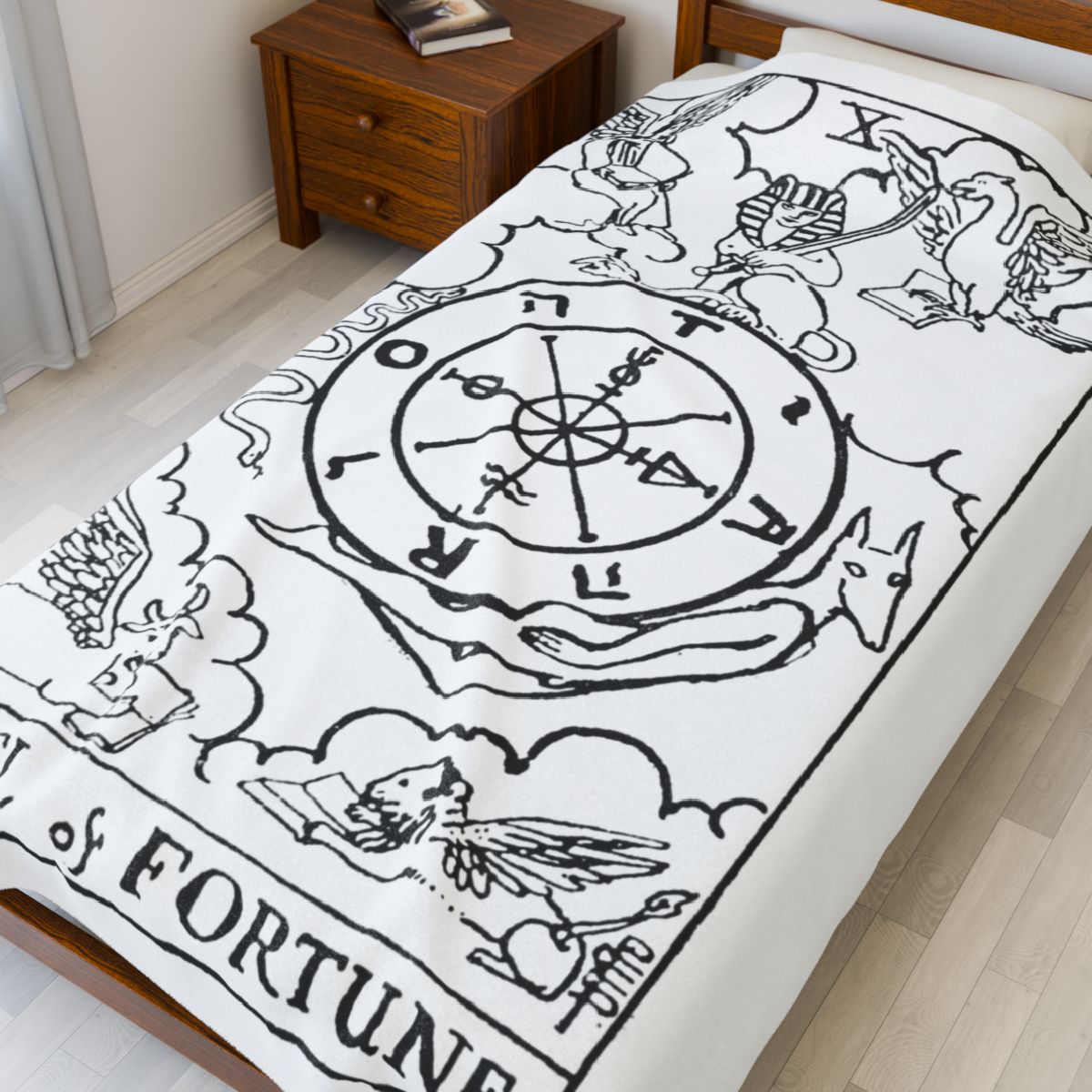 10 - The Wheel of Fortune Black on White Tarot Card Velveteen Plush Blanket 