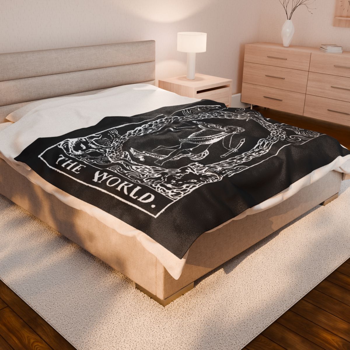 21 - The World White on Black Tarot Card Velveteen Plush Blanket 