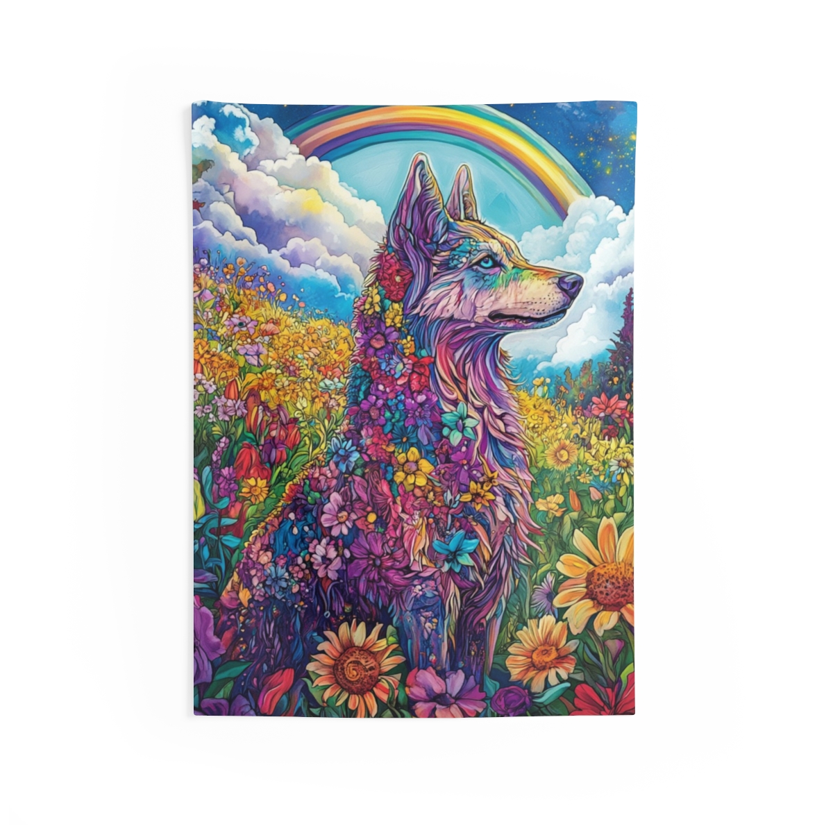 Colorful Floral Wolf Tapestry