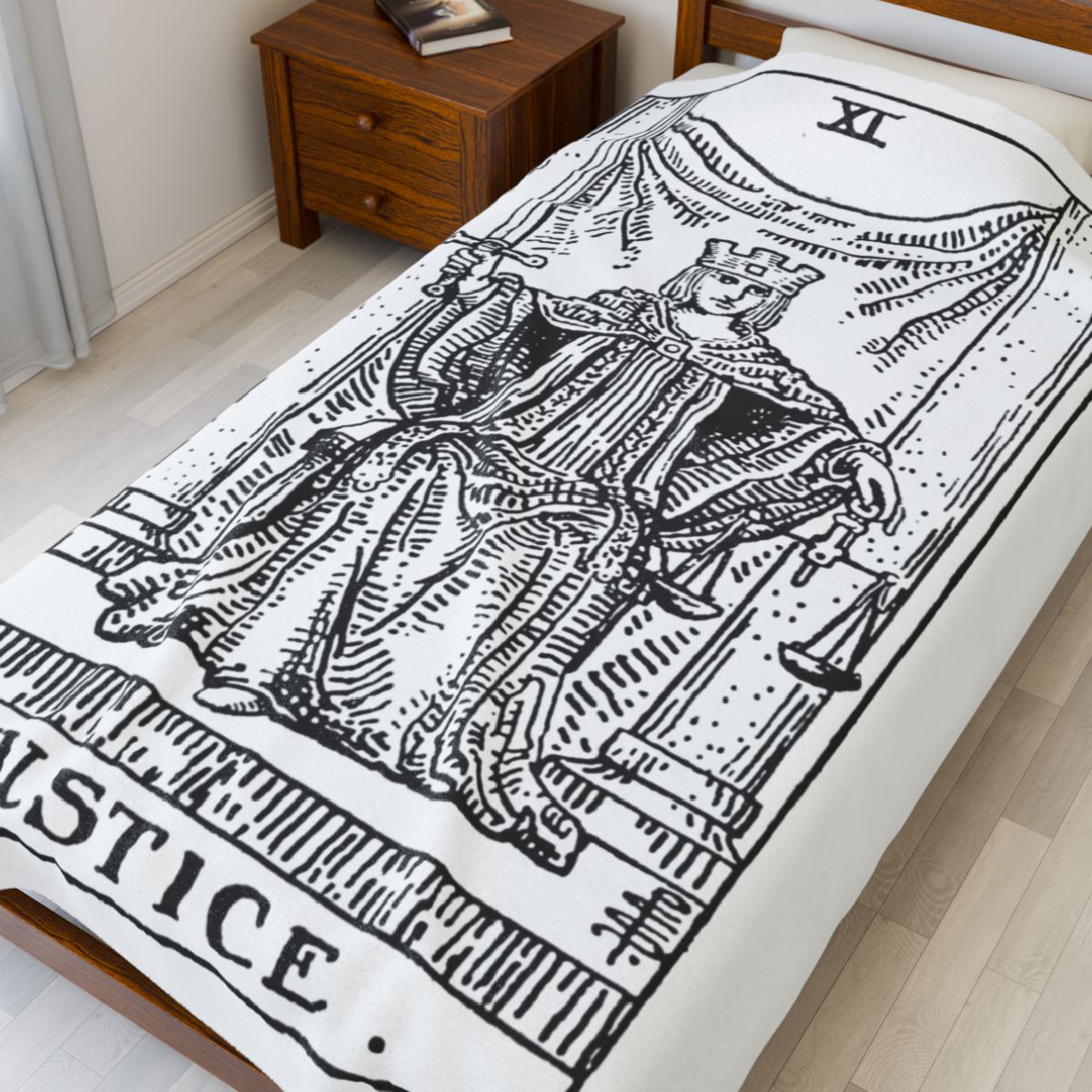 11 - Justice Black on White Tarot Card Velveteen Plush Blanket 