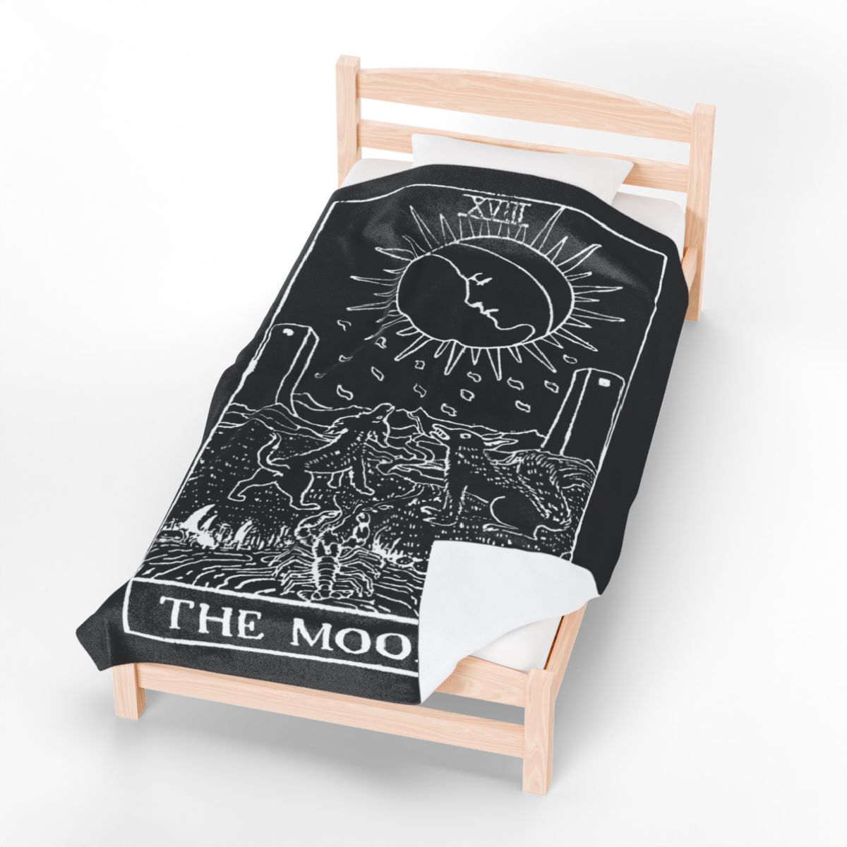 18 - The Moon White on Black Tarot Card Velveteen Plush Blanket 