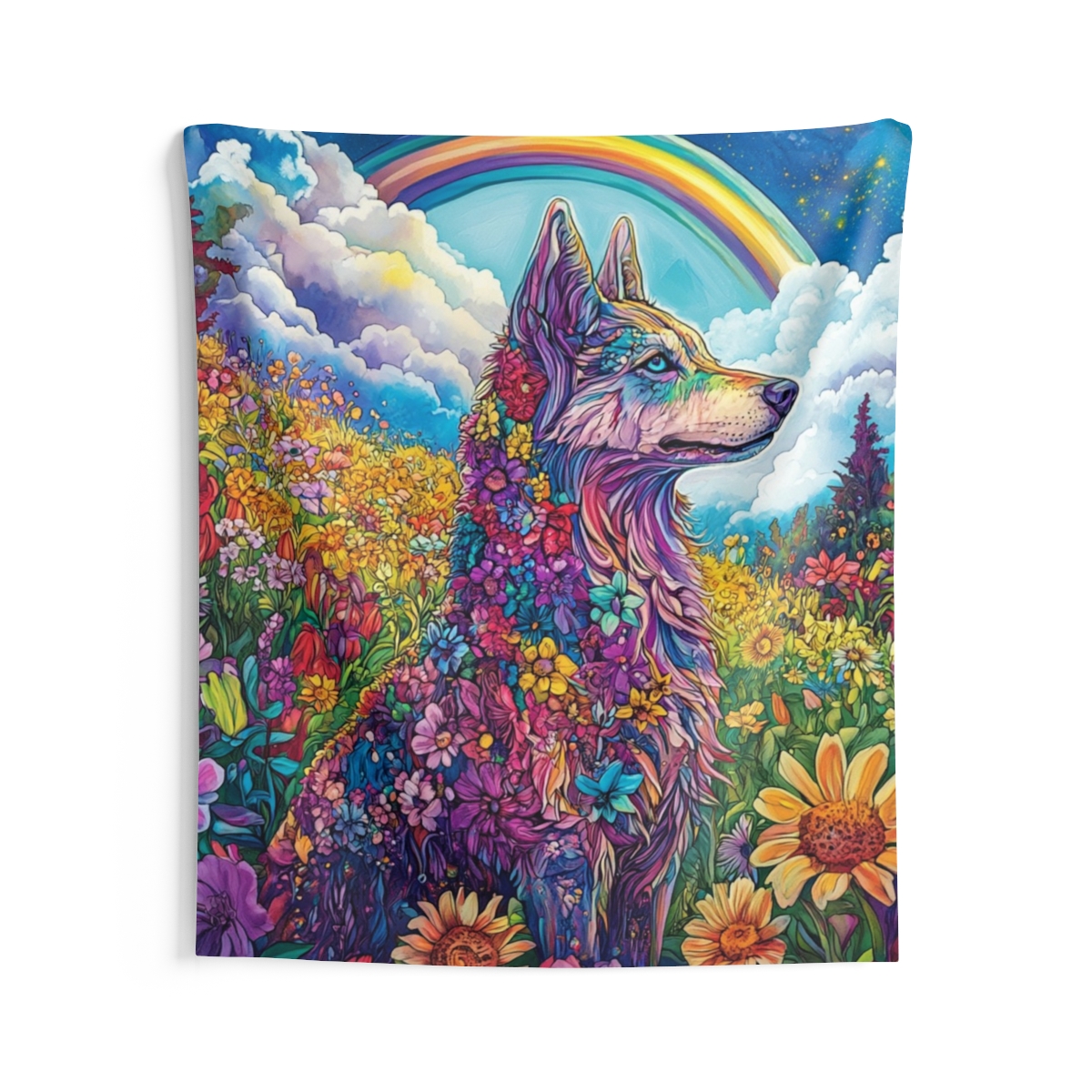 Colorful Floral Wolf Tapestry
