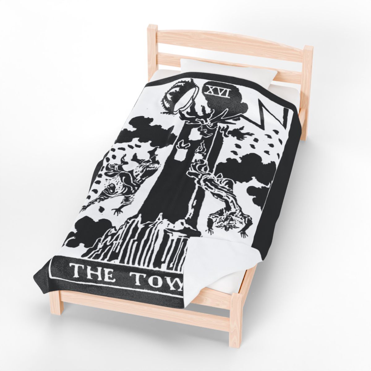 16 - The Tower White on Black Tarot Card Velveteen Plush Blanket 