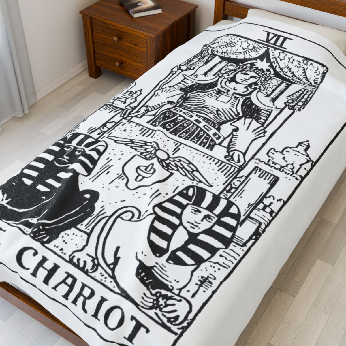 7 - The Chariot Black on White Tarot Card Velveteen Plush Blanket 