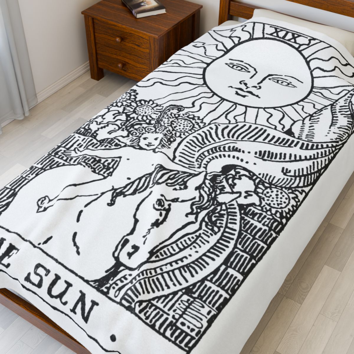 19 - The Sun Black on White Tarot Card Velveteen Plush Blanket 