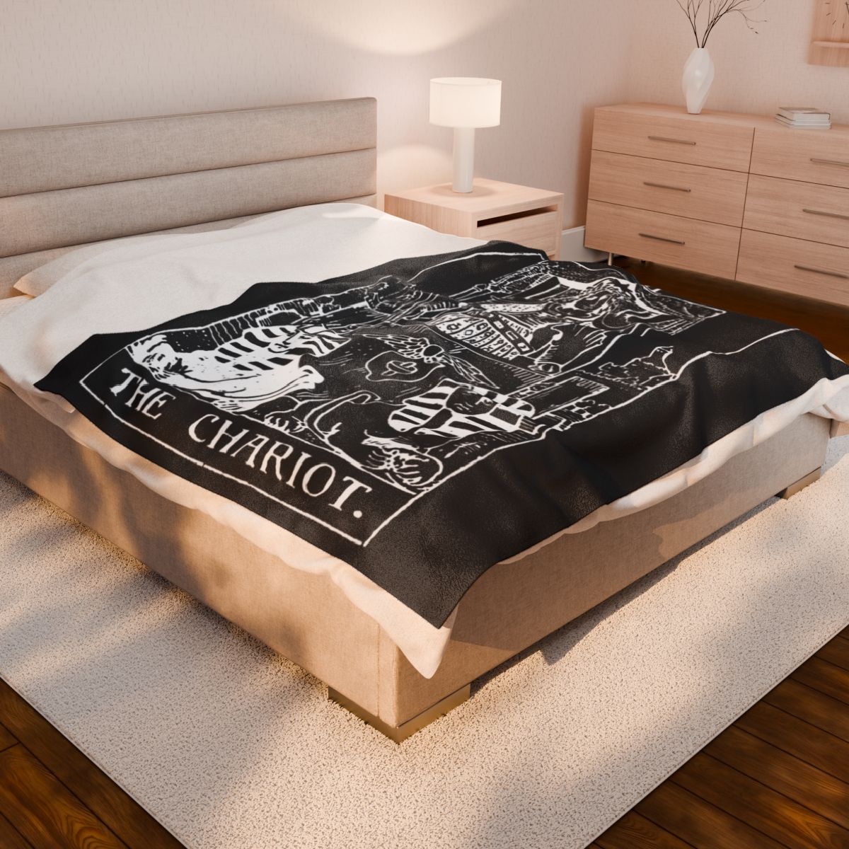 7 - The Chariot White on Black Tarot Card Velveteen Plush Blanket 