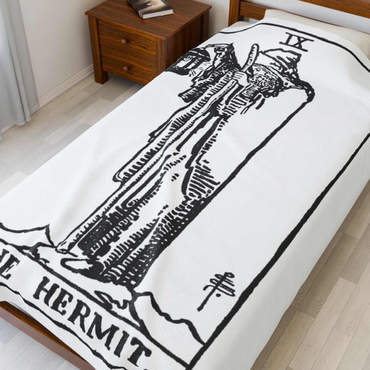9 - The Hermit Black on White Tarot Card Velveteen Plush Blanket 