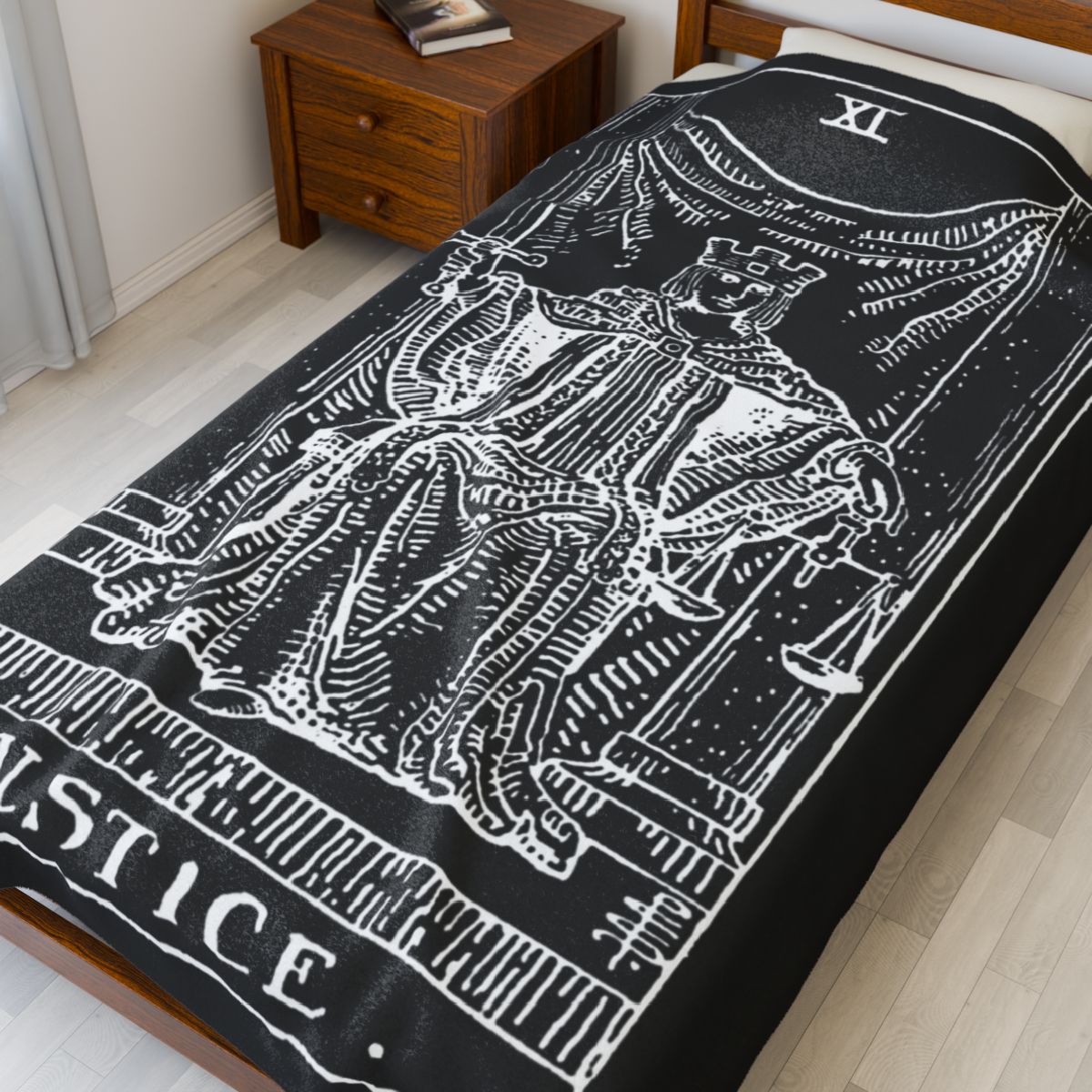 11 - Justice White on Black Tarot Card Velveteen Plush Blanket 