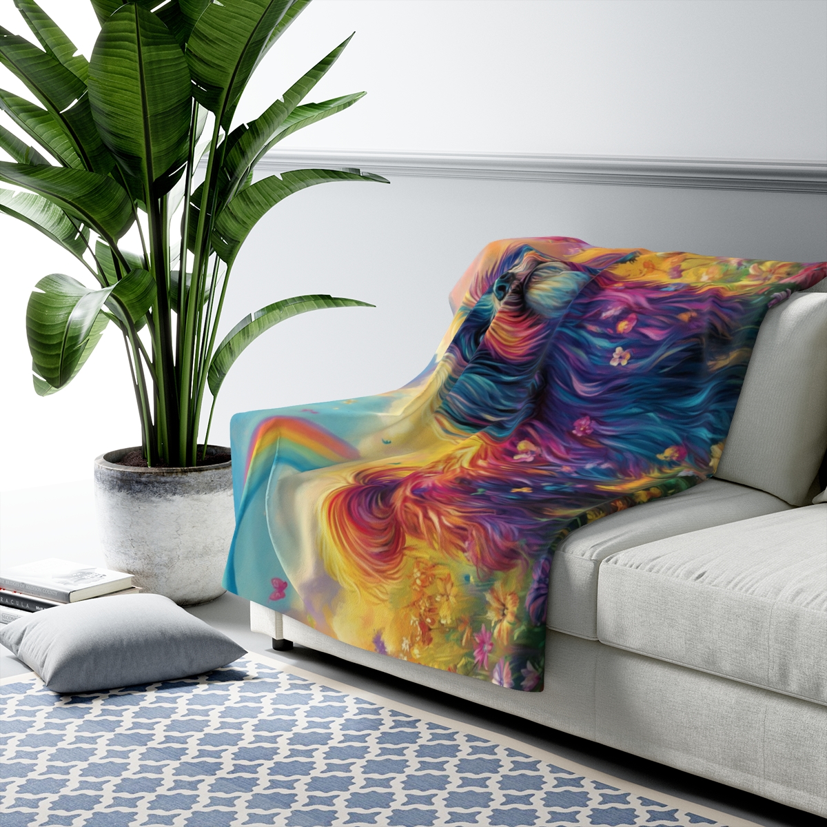 Luxury Colorful Dog Floral Art Sherpa Fleece Blanket