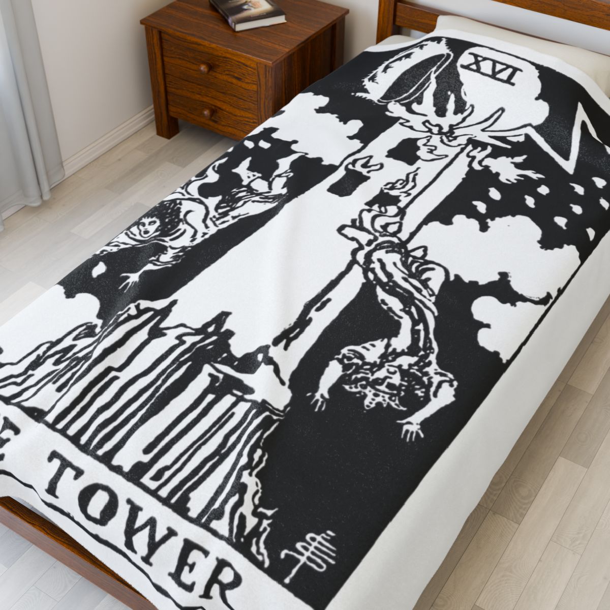 16 - The Tower Black on White Tarot Card Velveteen Plush Blanket 