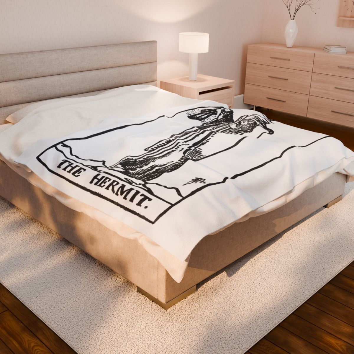 9 - The Hermit Black on White Tarot Card Velveteen Plush Blanket 
