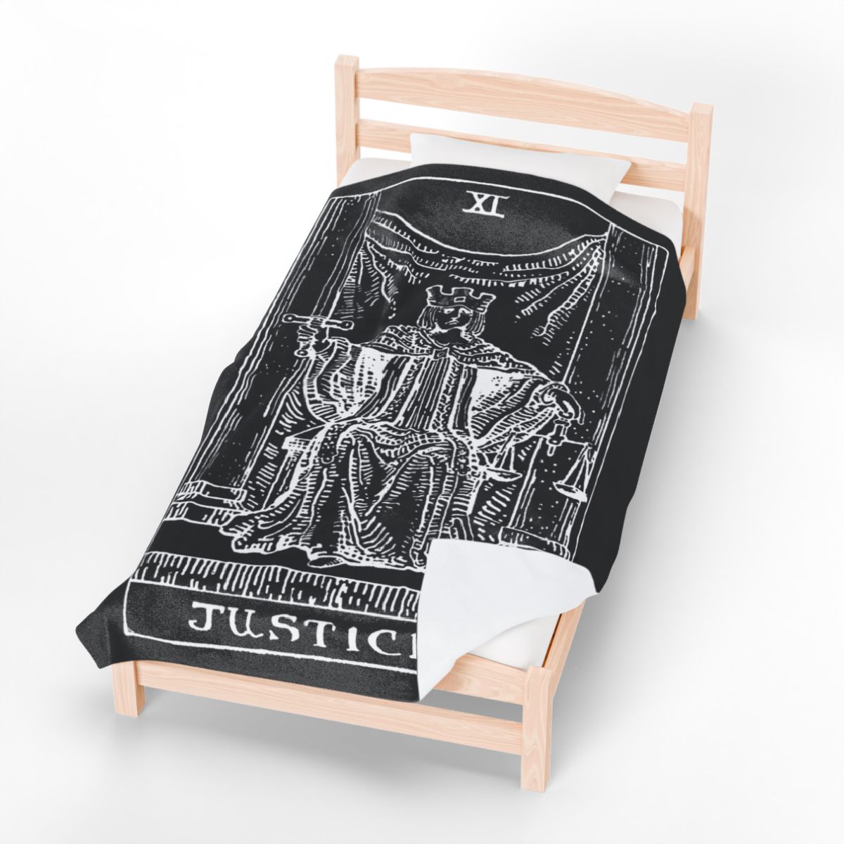 11 - Justice White on Black Tarot Card Velveteen Plush Blanket 