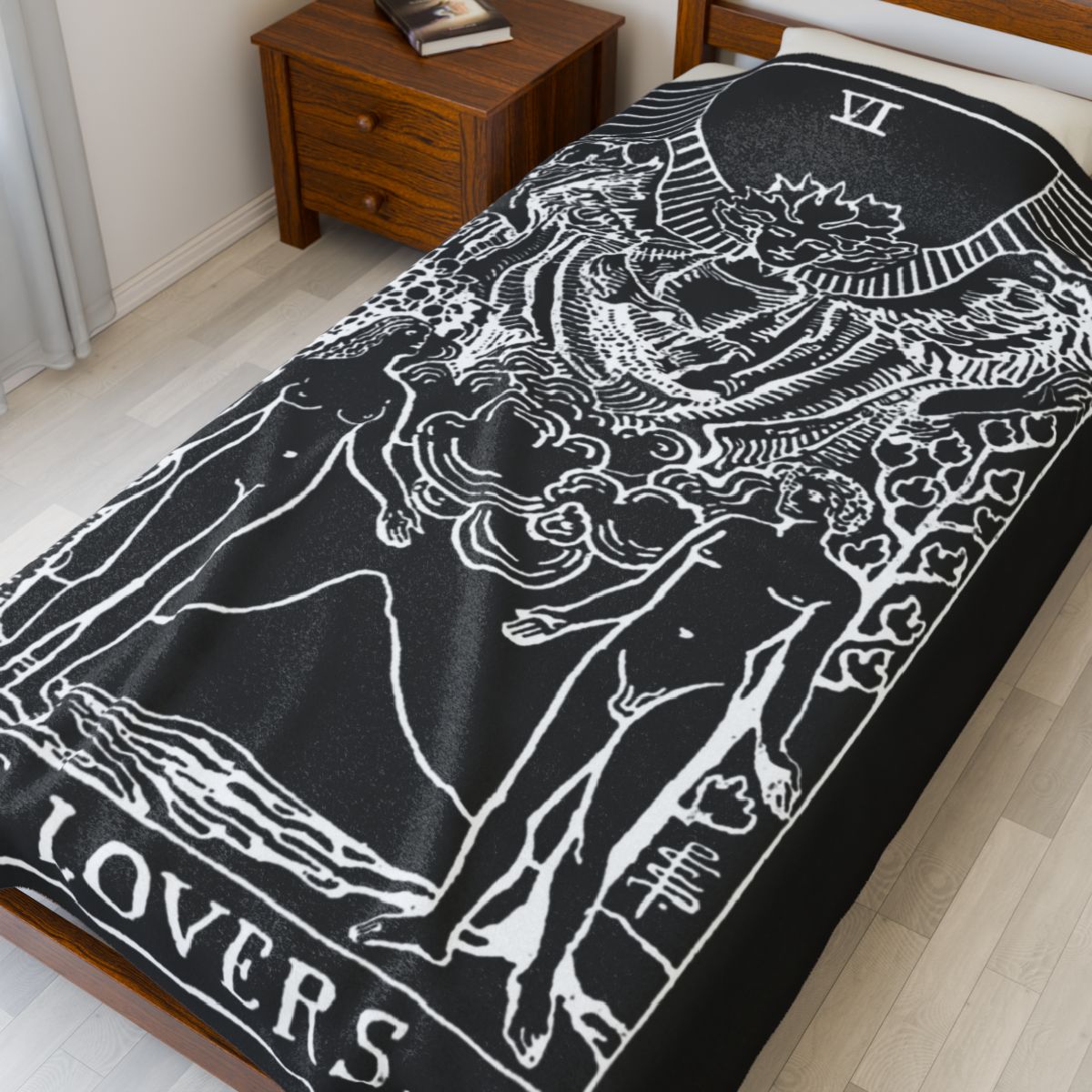 6 - The Lovers White on Black Tarot Card Velveteen Plush Blanket 