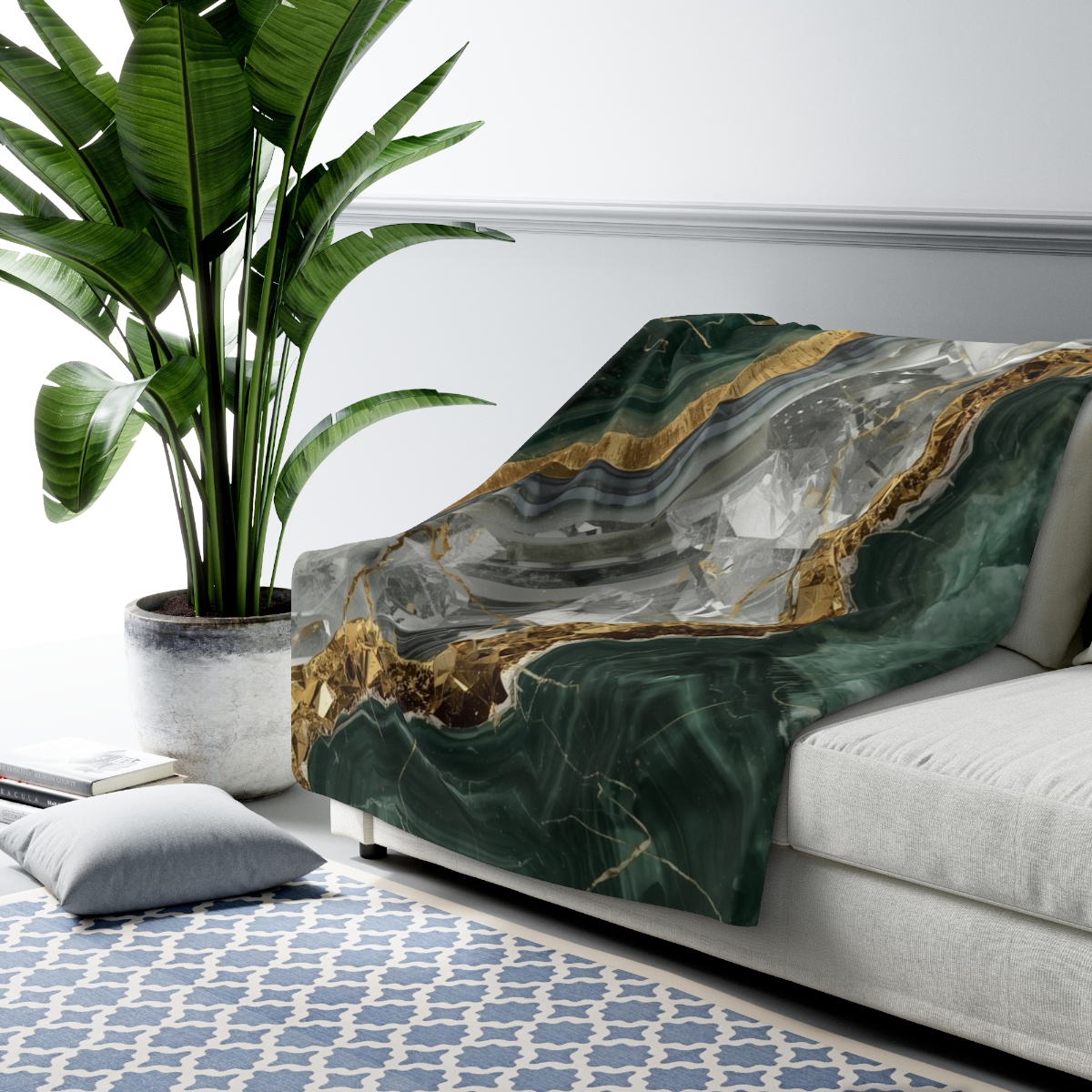 Luxury Green Gold Marble Crystal Sherpa Fleece Blanket