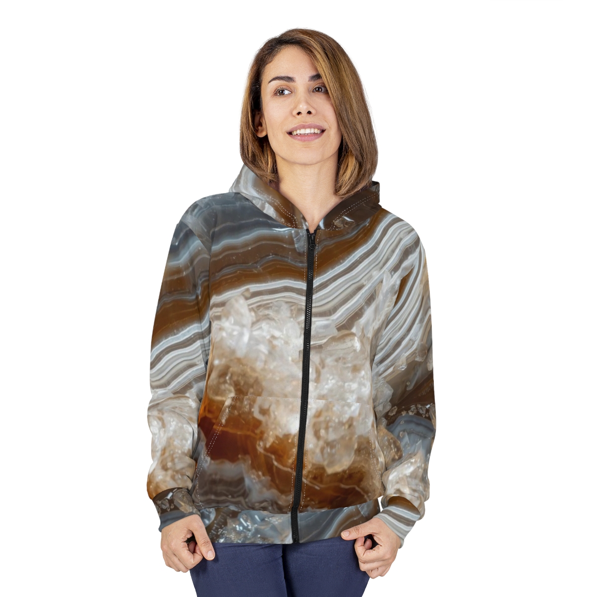 Gorgeous Crystal Brown Grey Agate Zip Hoodie