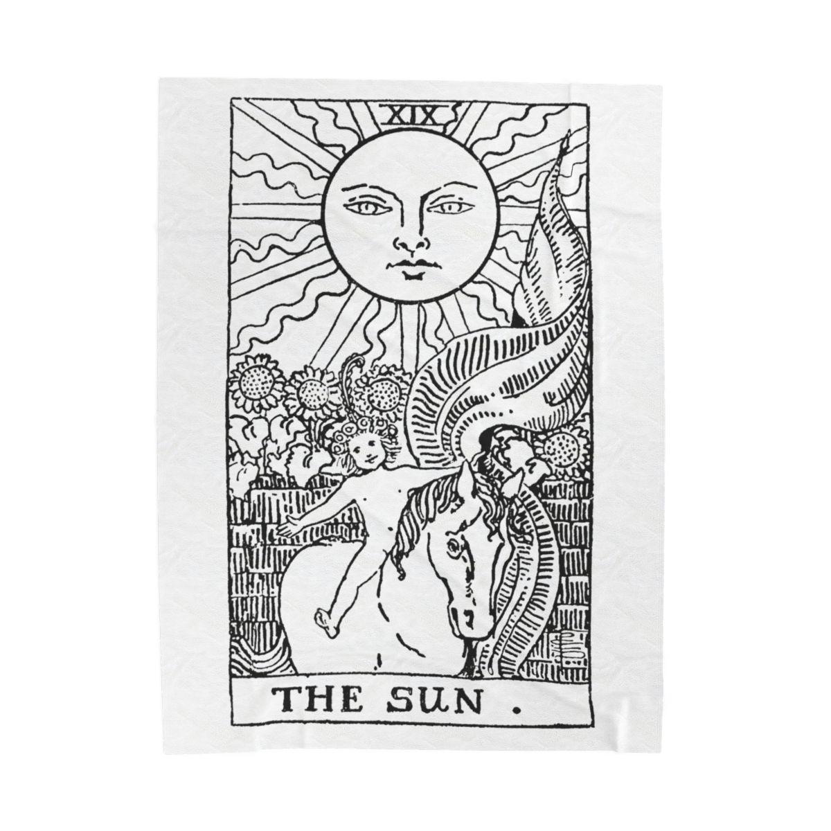 19 - The Sun Black on White Tarot Card Velveteen Plush Blanket 