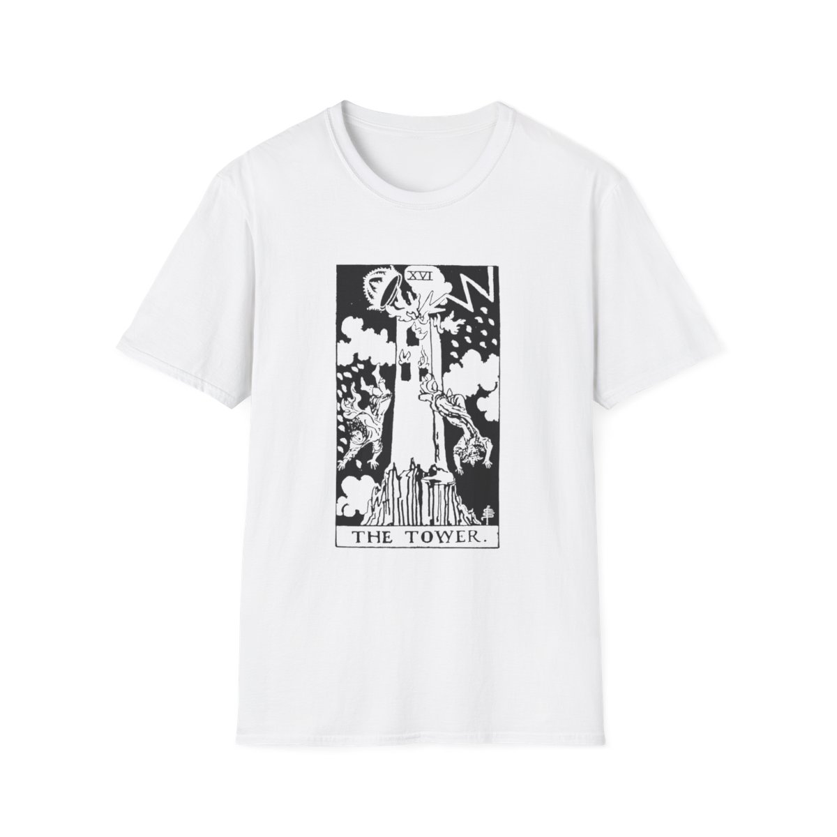 16 - The Tower Black Vintage Tarot Card Softstyle T-Shirt
