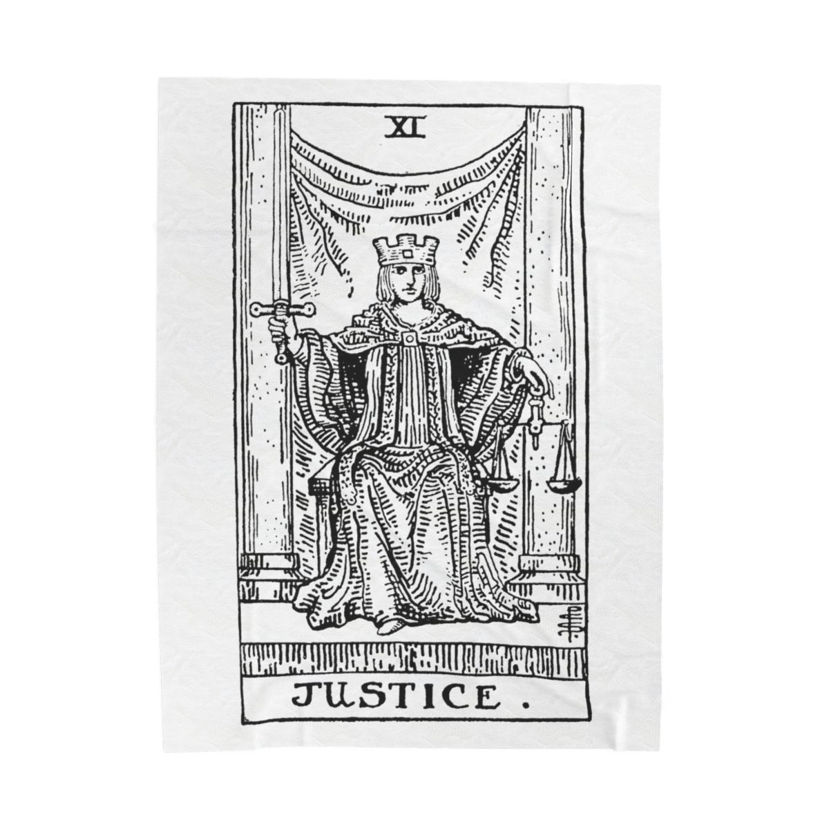11 - Justice Black on White Tarot Card Velveteen Plush Blanket 
