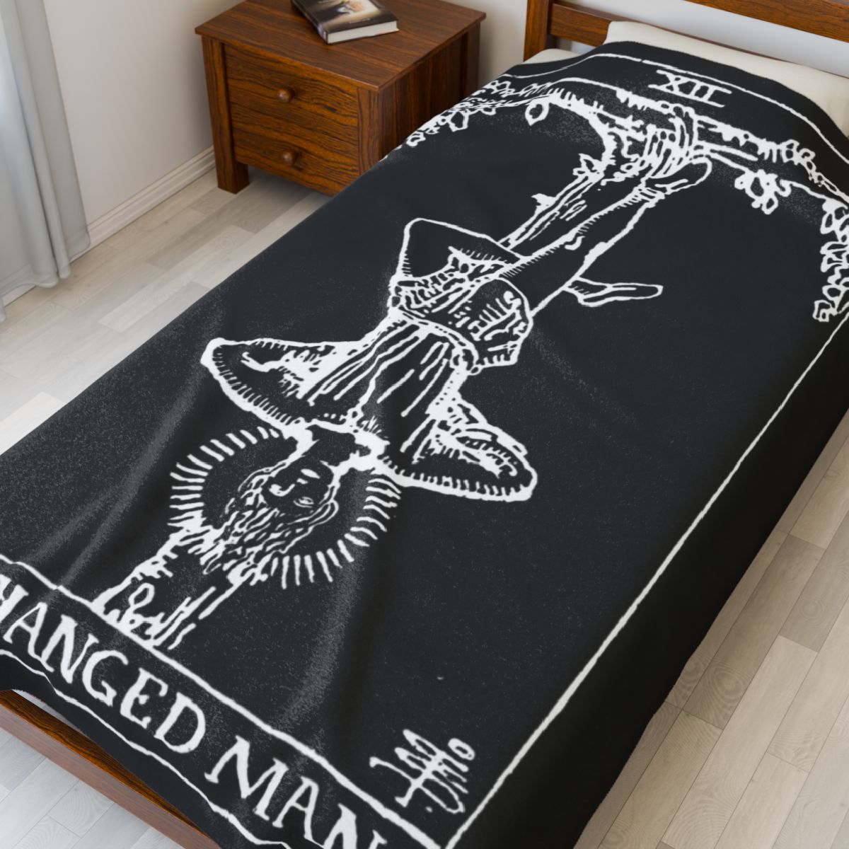 12 - The Hanged Man White on Black Tarot Card Velveteen Plush Blanket 