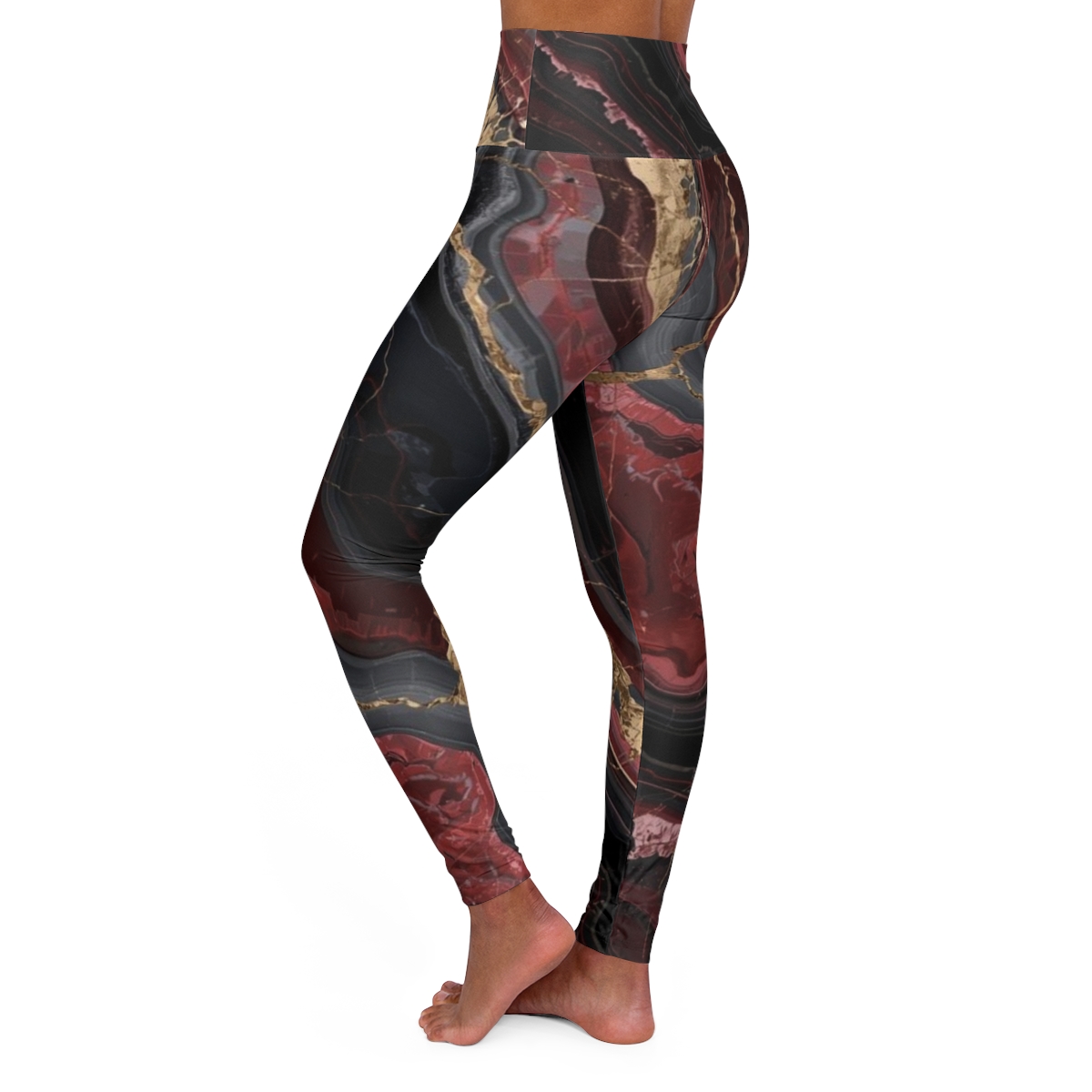 Stunning Black Red Gold Marble High Waisted Leggings