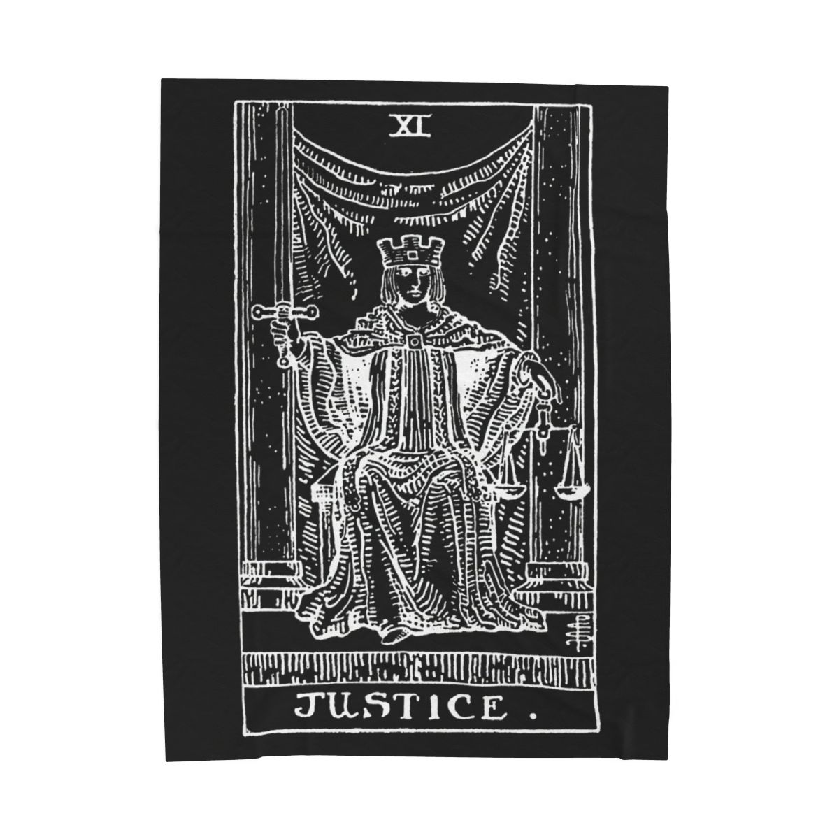 11 - Justice White on Black Tarot Card Velveteen Plush Blanket 