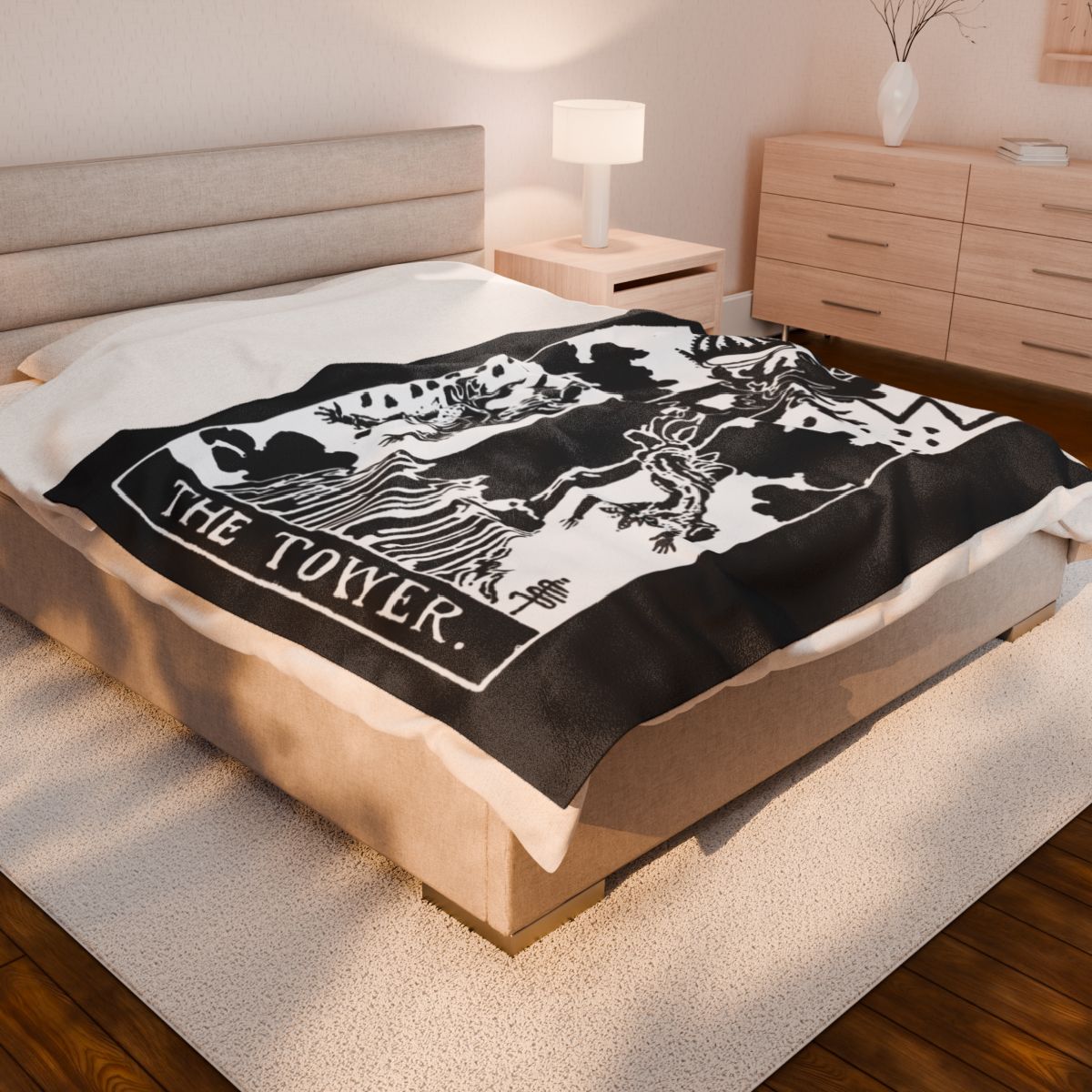 16 - The Tower White on Black Tarot Card Velveteen Plush Blanket 