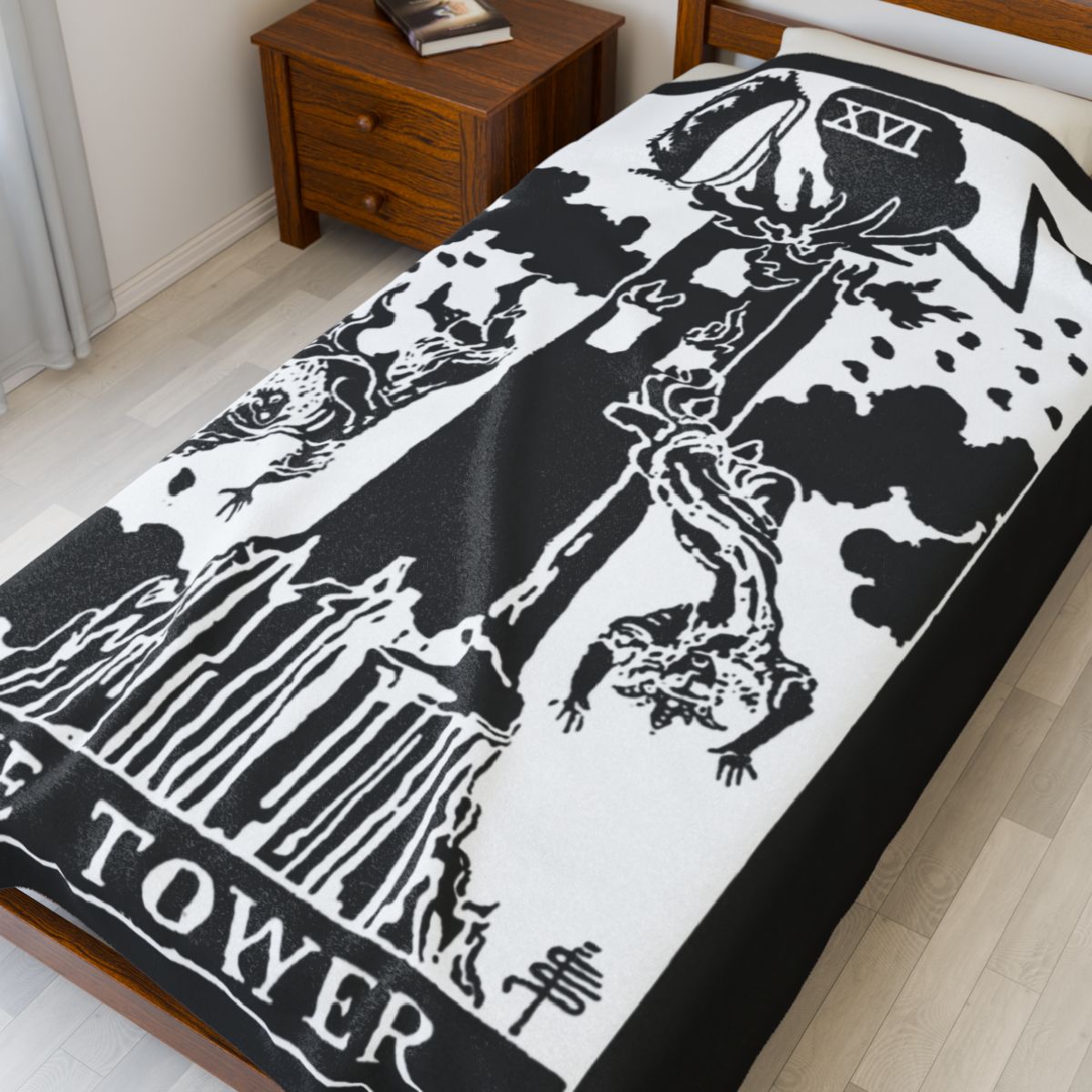16 - The Tower White on Black Tarot Card Velveteen Plush Blanket 