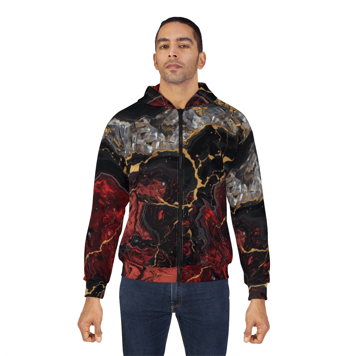 Stunning Red Gold Crystal Marble Zip Hoodie