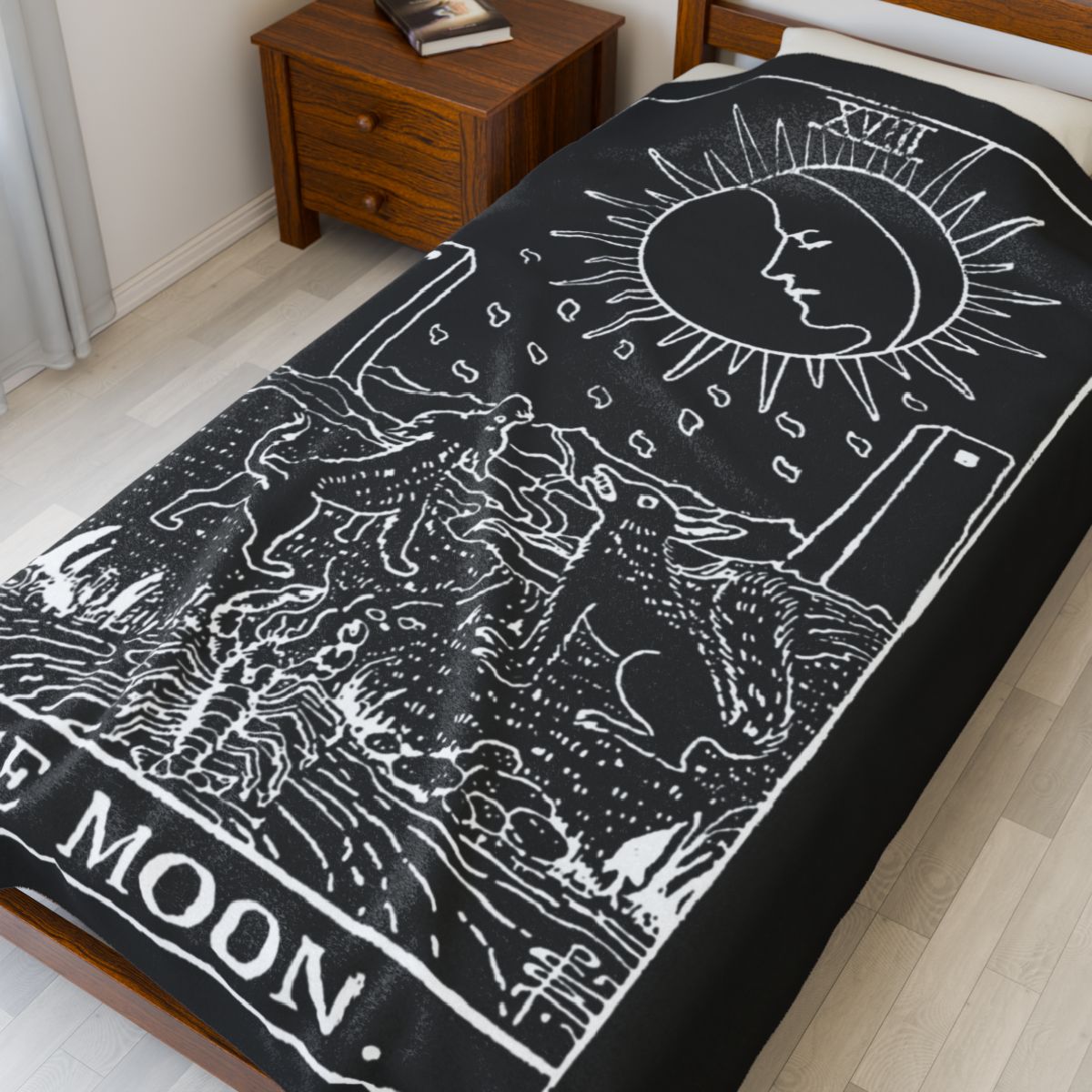 18 - The Moon White on Black Tarot Card Velveteen Plush Blanket 