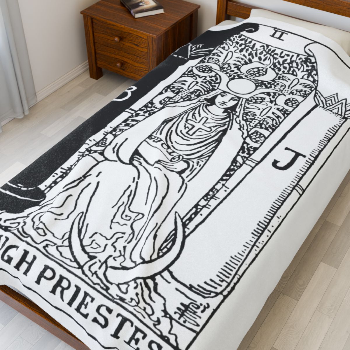 2 - The High Priestess Black on White Tarot Card Velveteen Plush Blanket 