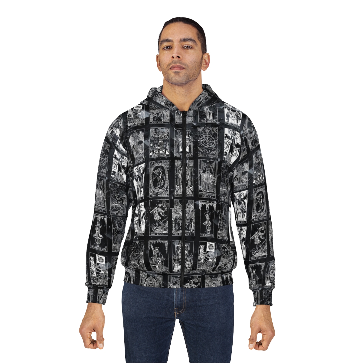 Unique Vintage White Tarot Card Black Crystal Zip Hoodie