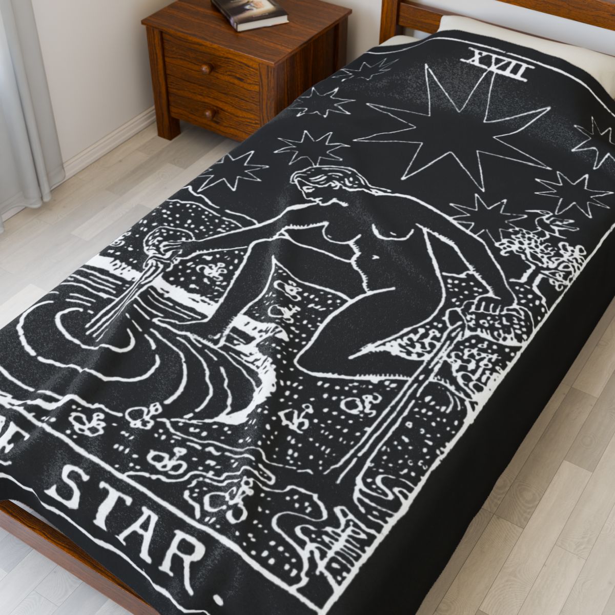 17 - The Star White on Black Tarot Card Velveteen Plush Blanket 