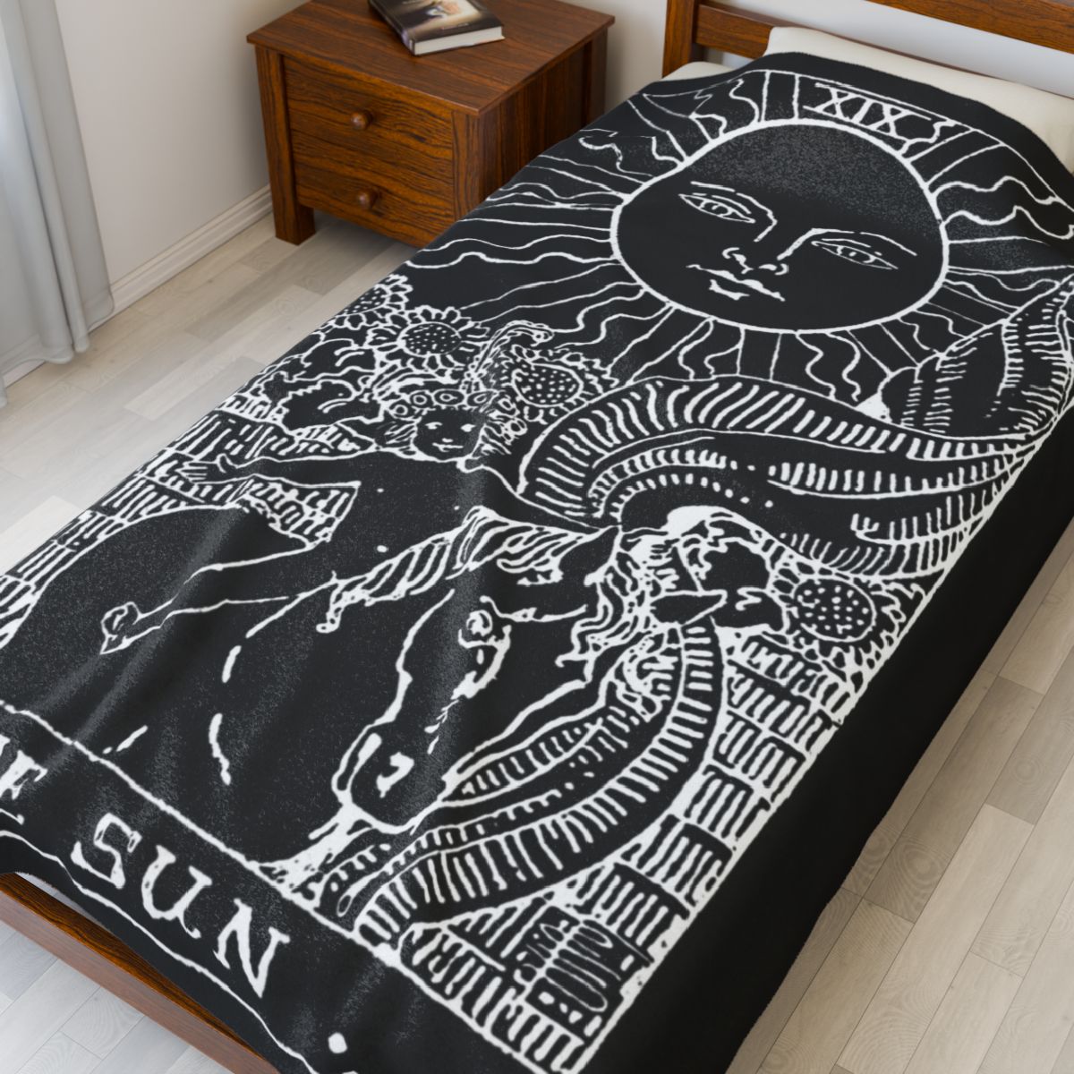 19 - The Sun White on Black Tarot Card Velveteen Plush Blanket 