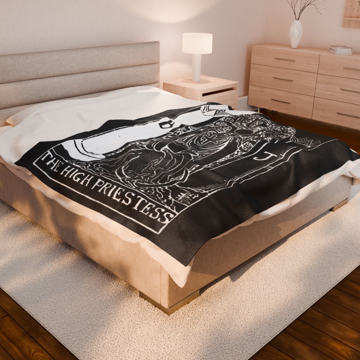 2 - The High Priestess White on Black Tarot Card Velveteen Plush Blanket 